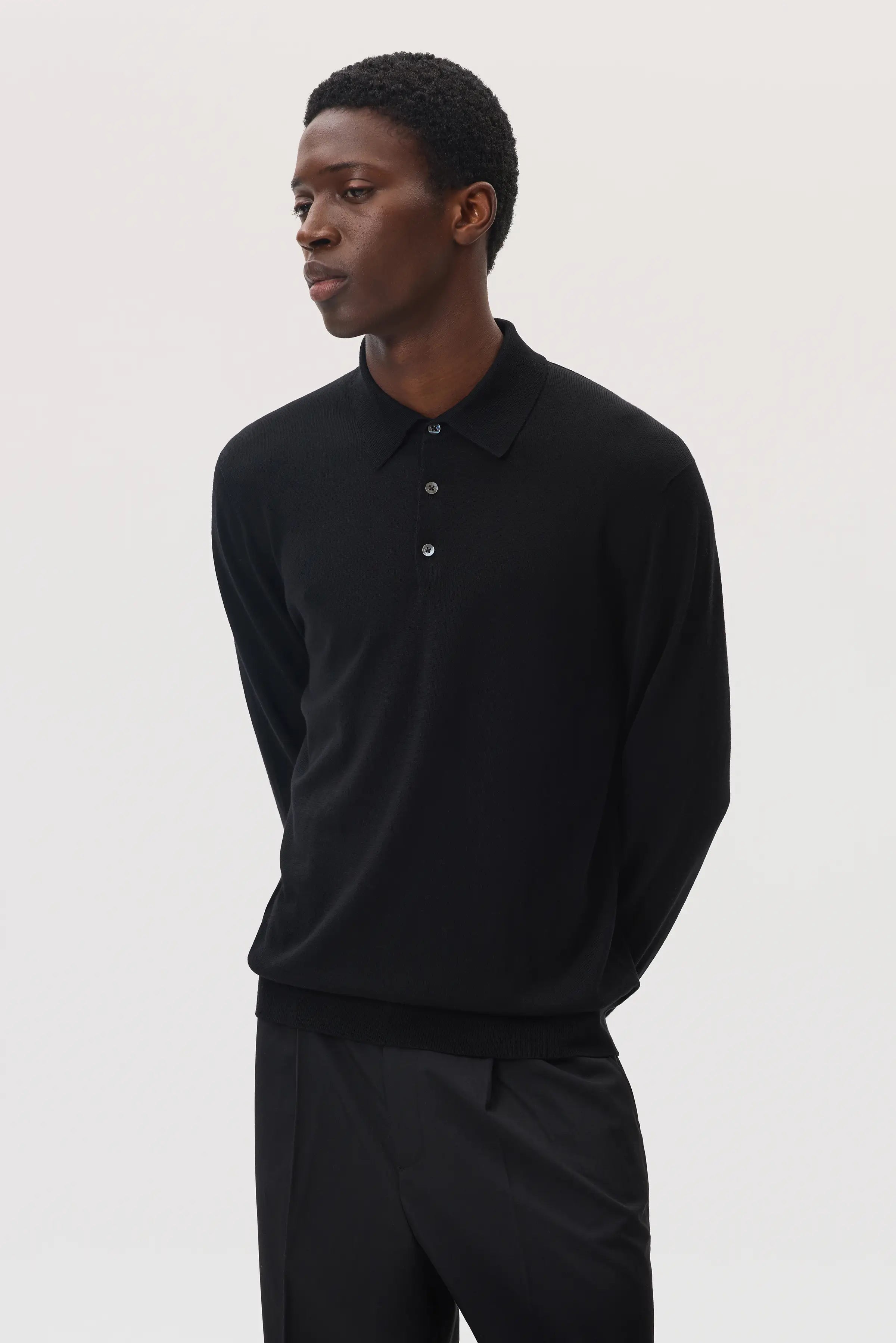Merino Long Sleeve Black Polo Shirt