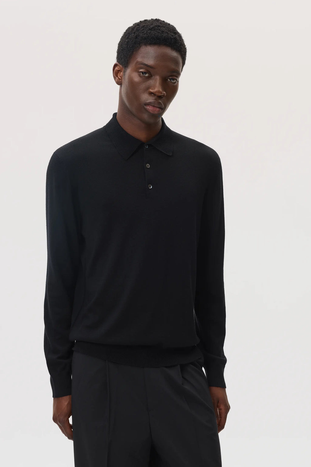 Merino Long Sleeve Black Polo Shirt