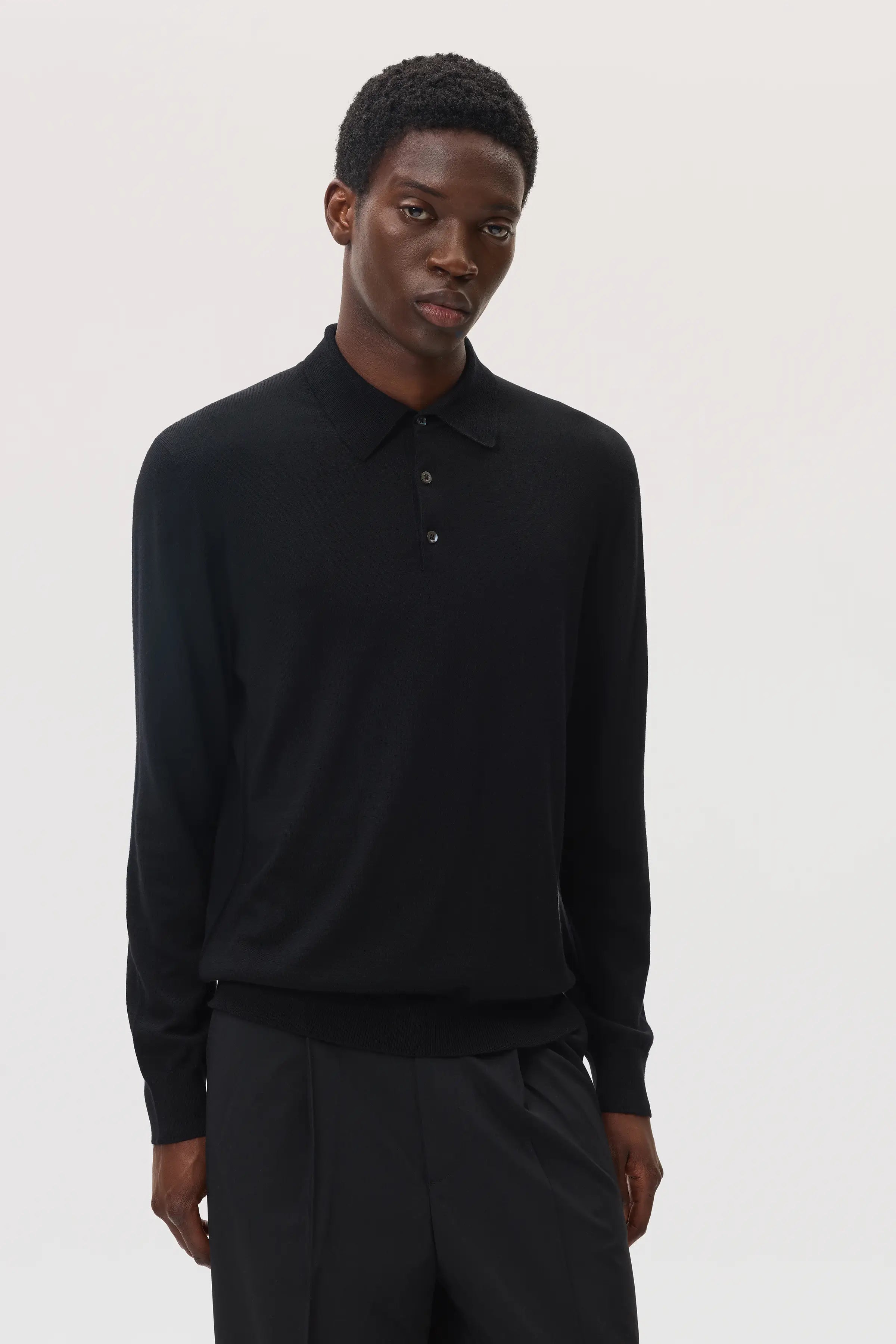 Merino Long Sleeve Black Polo Shirt