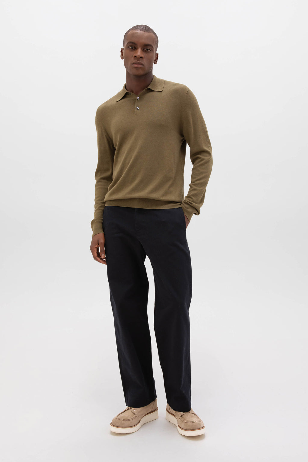 Merino Long Sleeve Olive Green Poloshirt