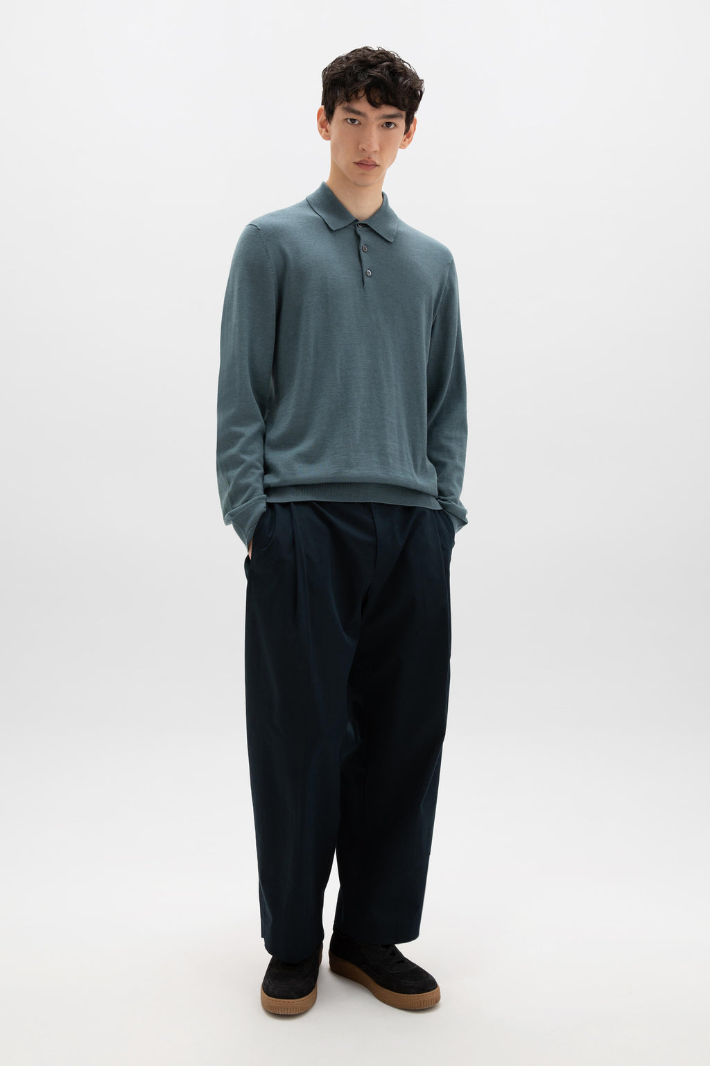 Merino Long Sleeve Blue Polo Shirt