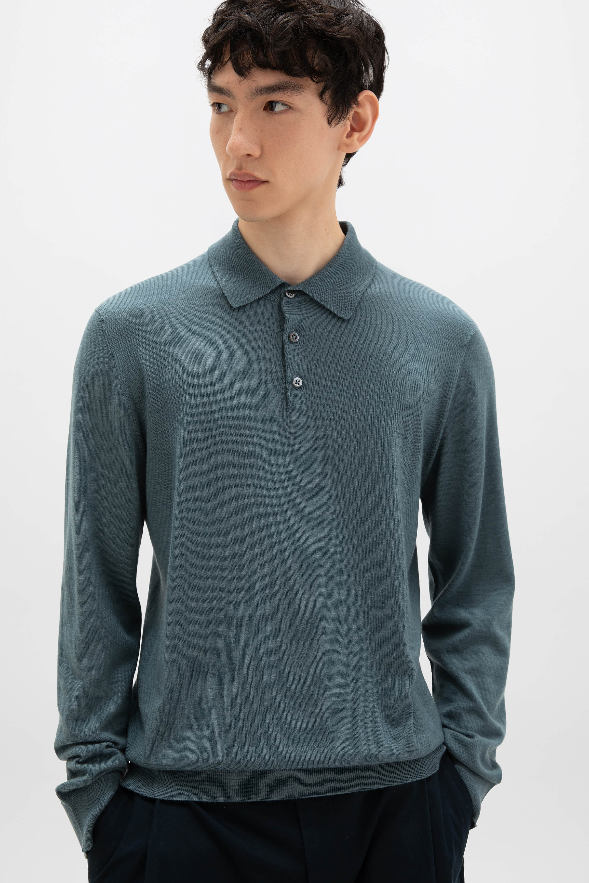 Merino Long Sleeve Blue Polo Shirt