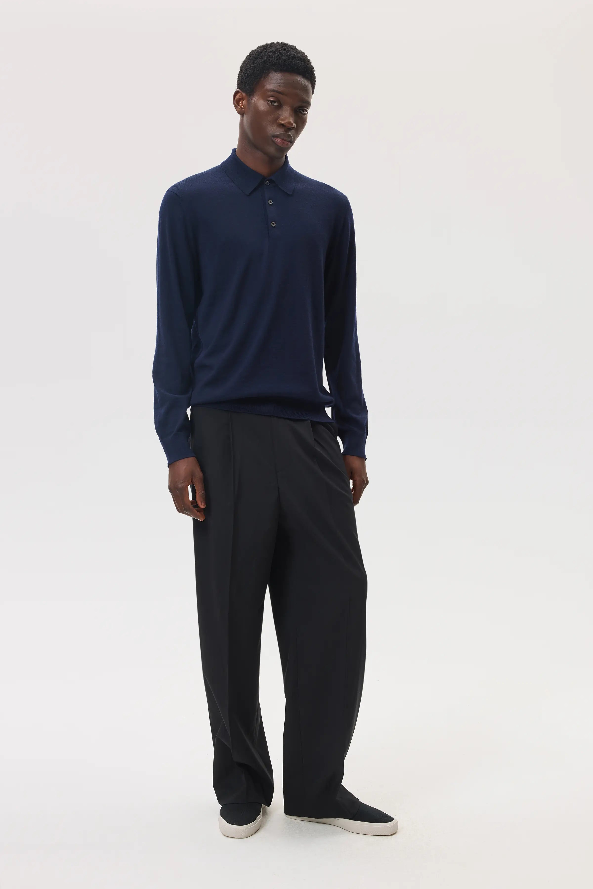 Merino Long Sleeve Dark Navy Polo Shirt