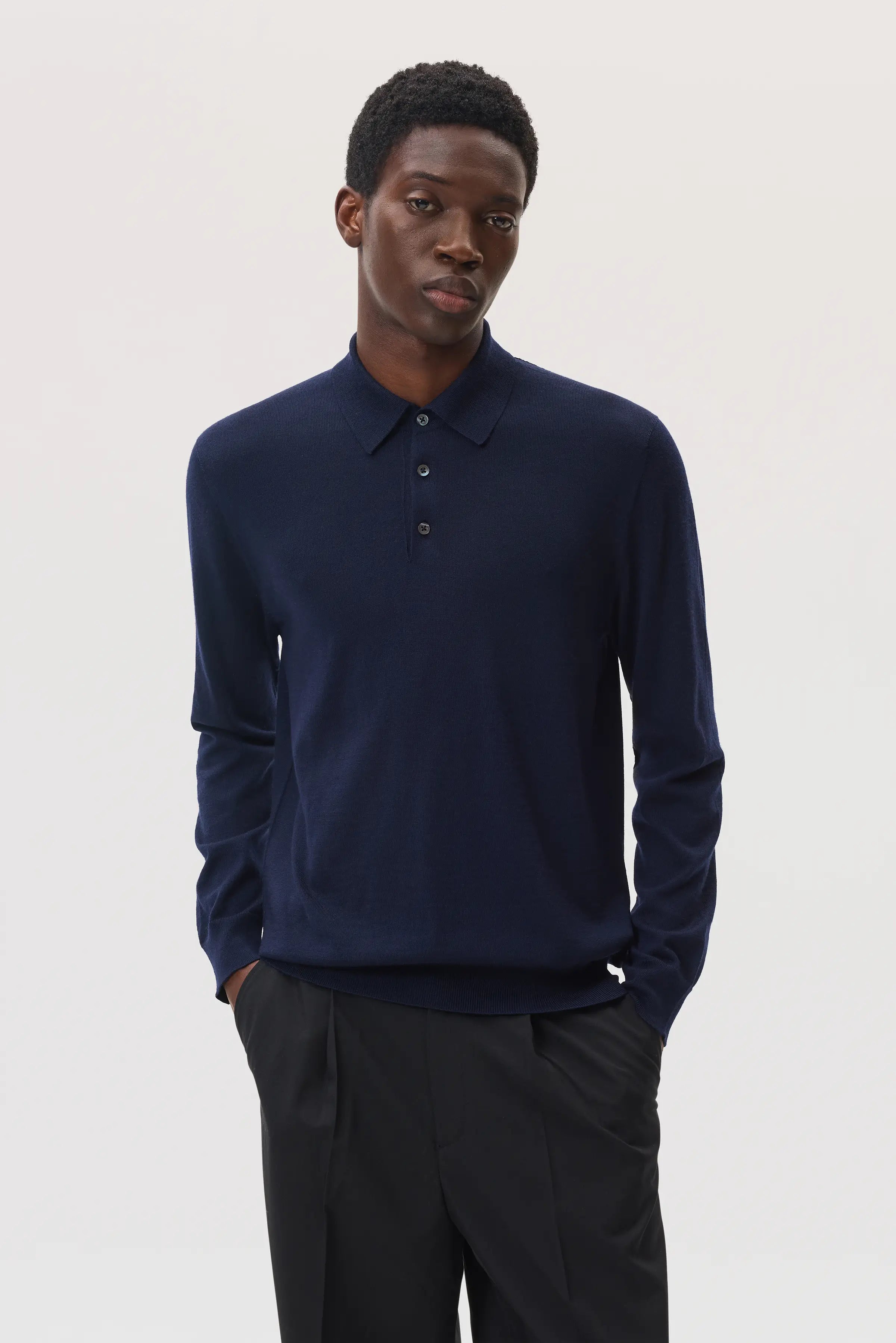 Merino Long Sleeve Dark Navy Polo Shirt
