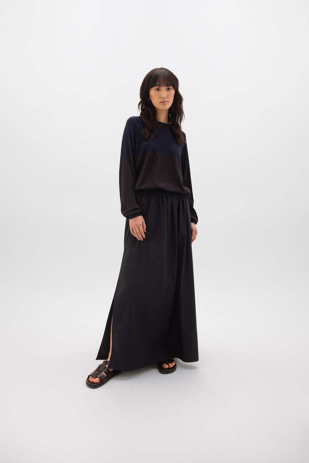 Superfine Merino Bateau Stripe Dark Brown Sweater