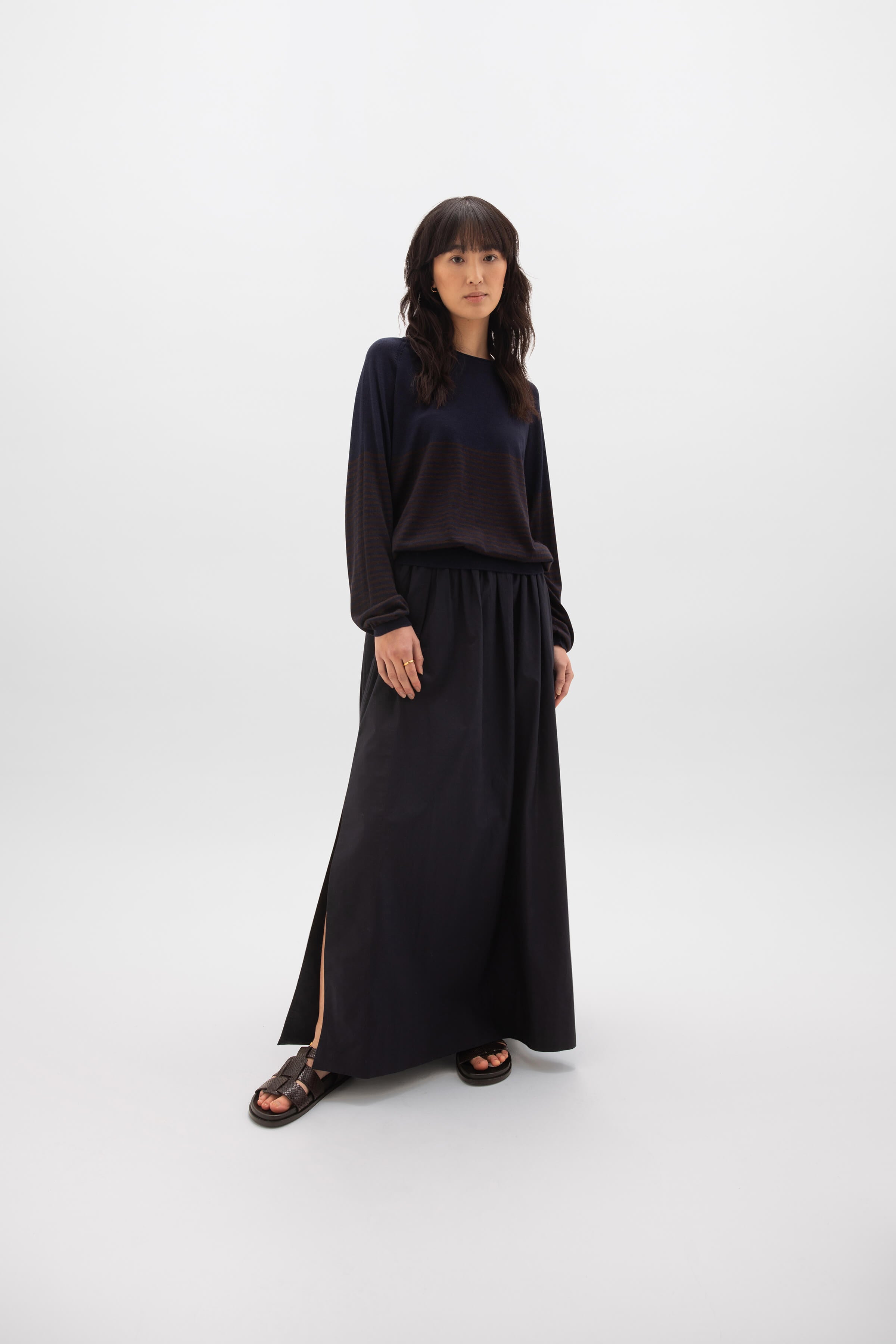 Superfine Merino Bateau Stripe Dark Brown Sweater