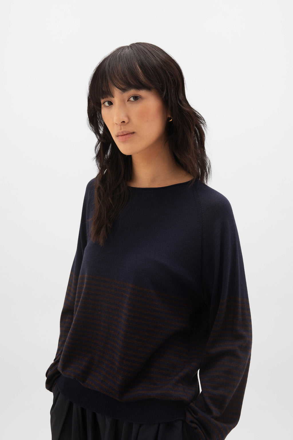 Superfine Merino Bateau Stripe Dark Brown Sweater