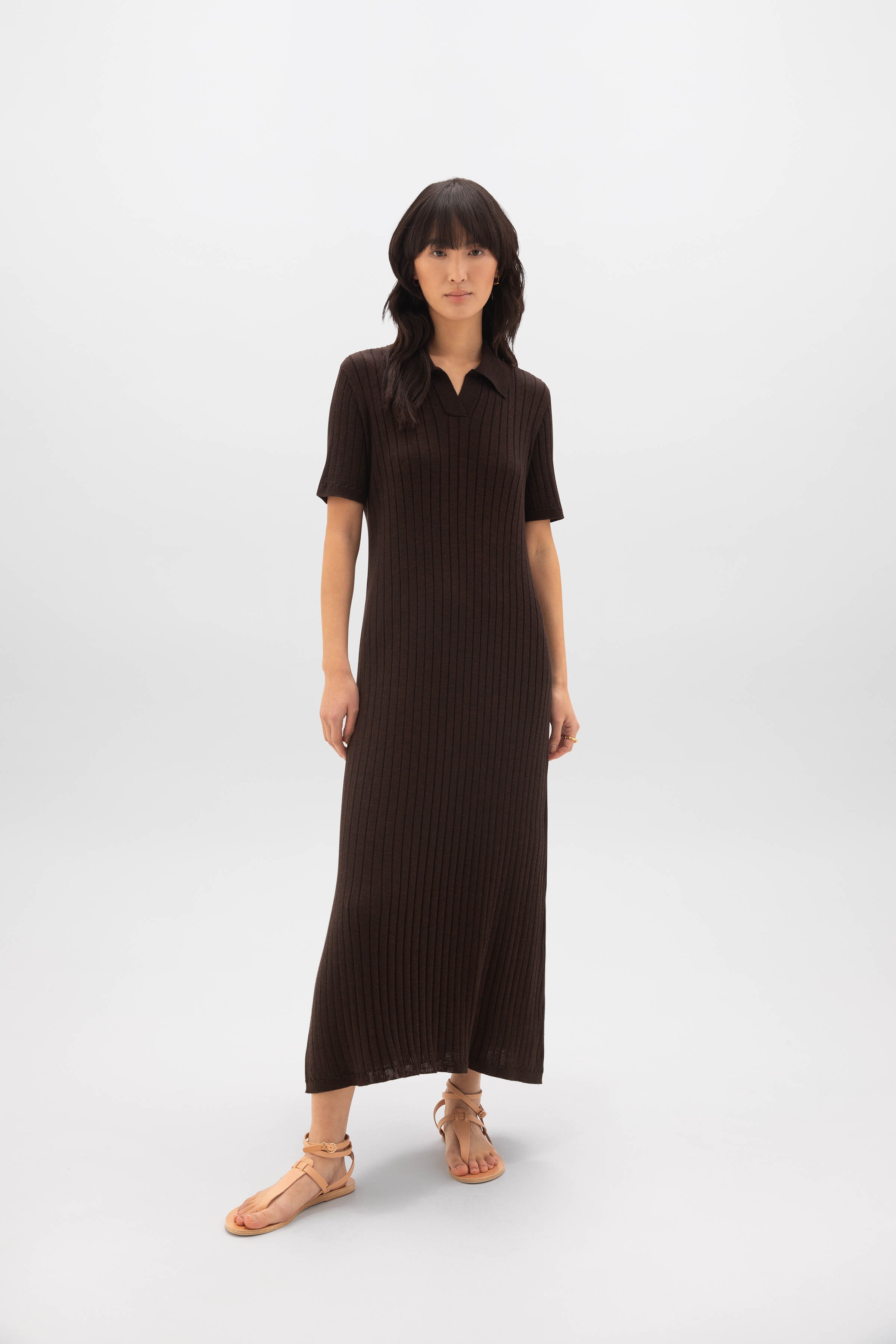 Superfine Merino Ribbed Dark Brown Polo Shirt Dress