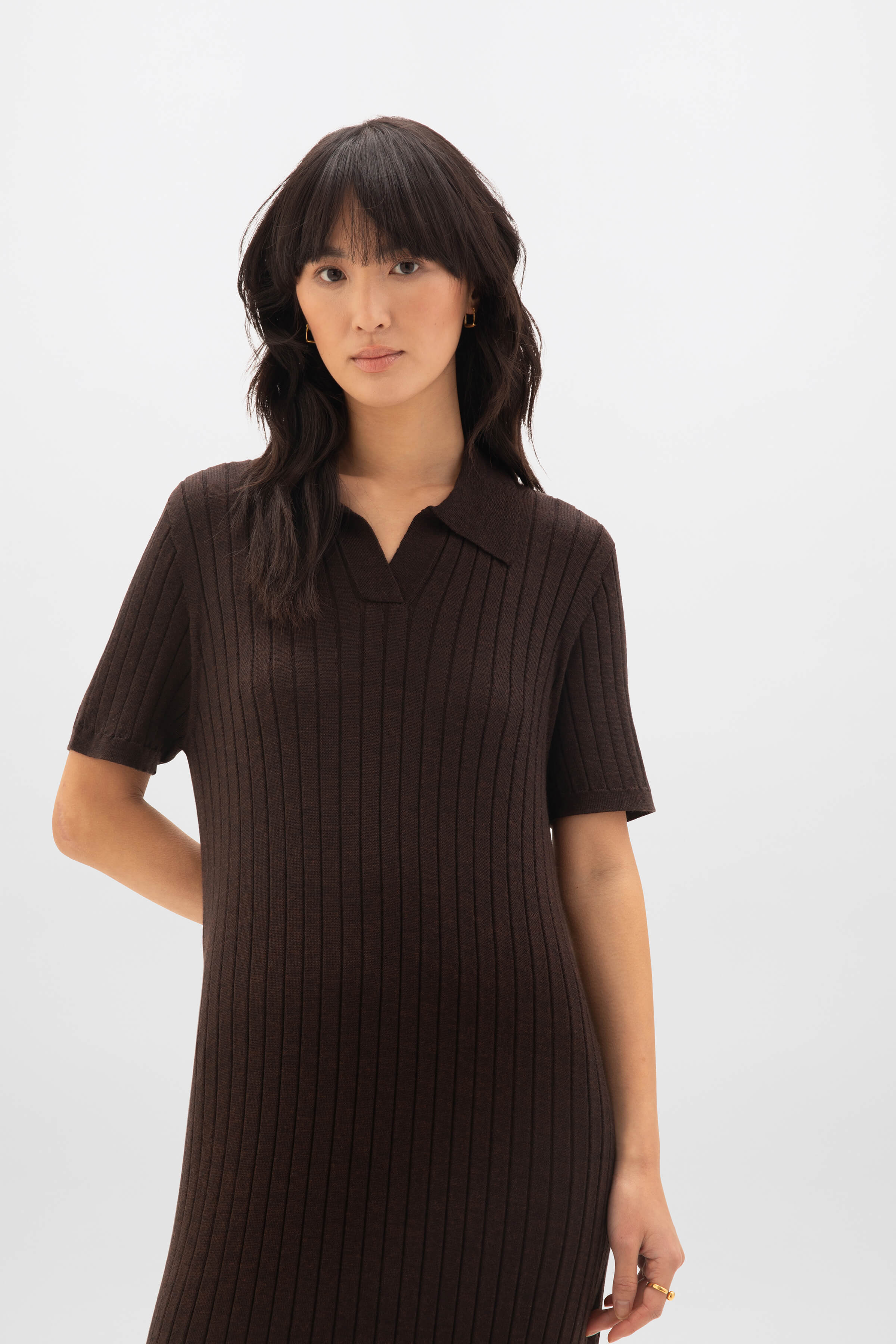 Superfine Merino Ribbed Dark Brown Polo Shirt Dress