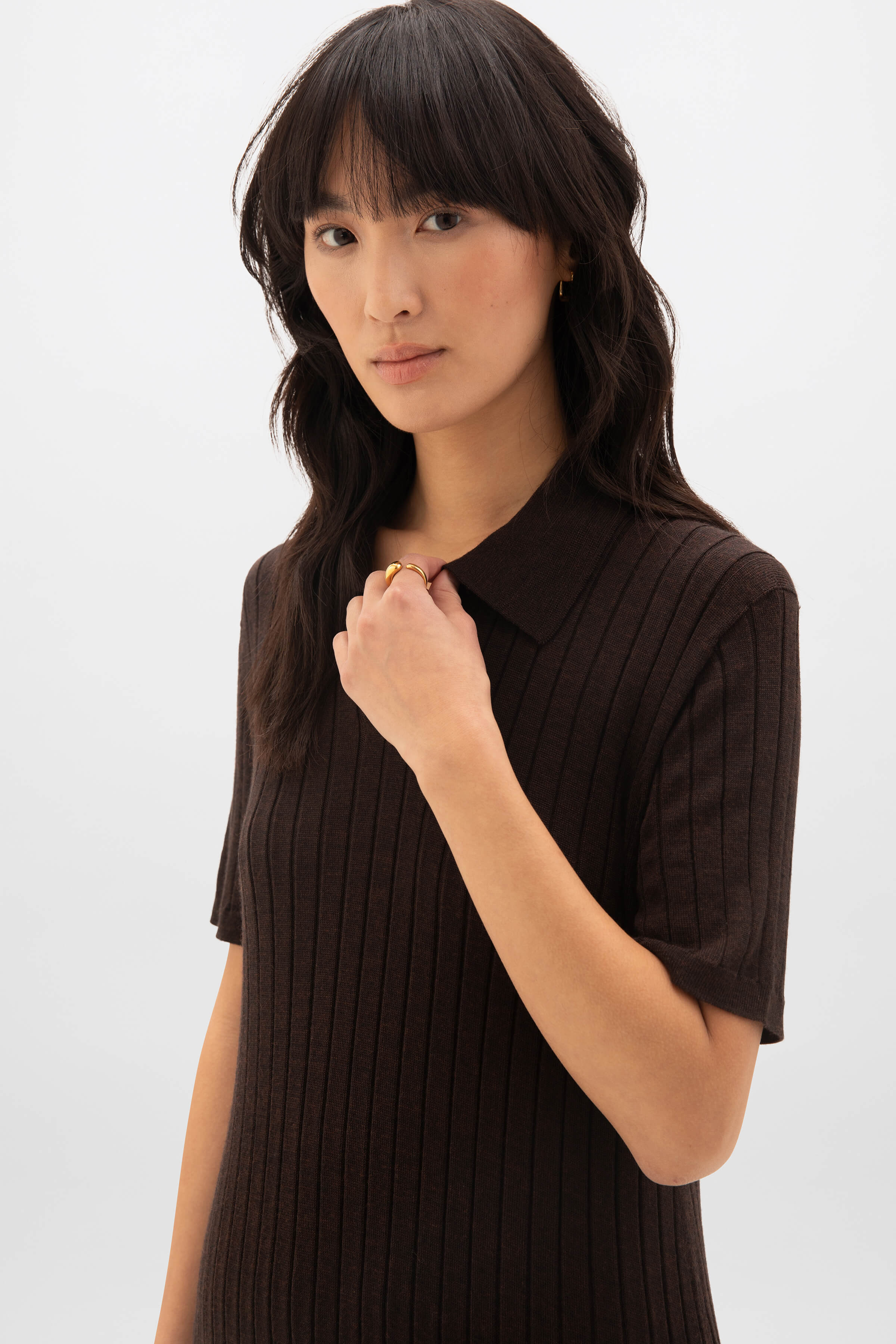 Superfine Merino Ribbed Dark Brown Polo Shirt Dress