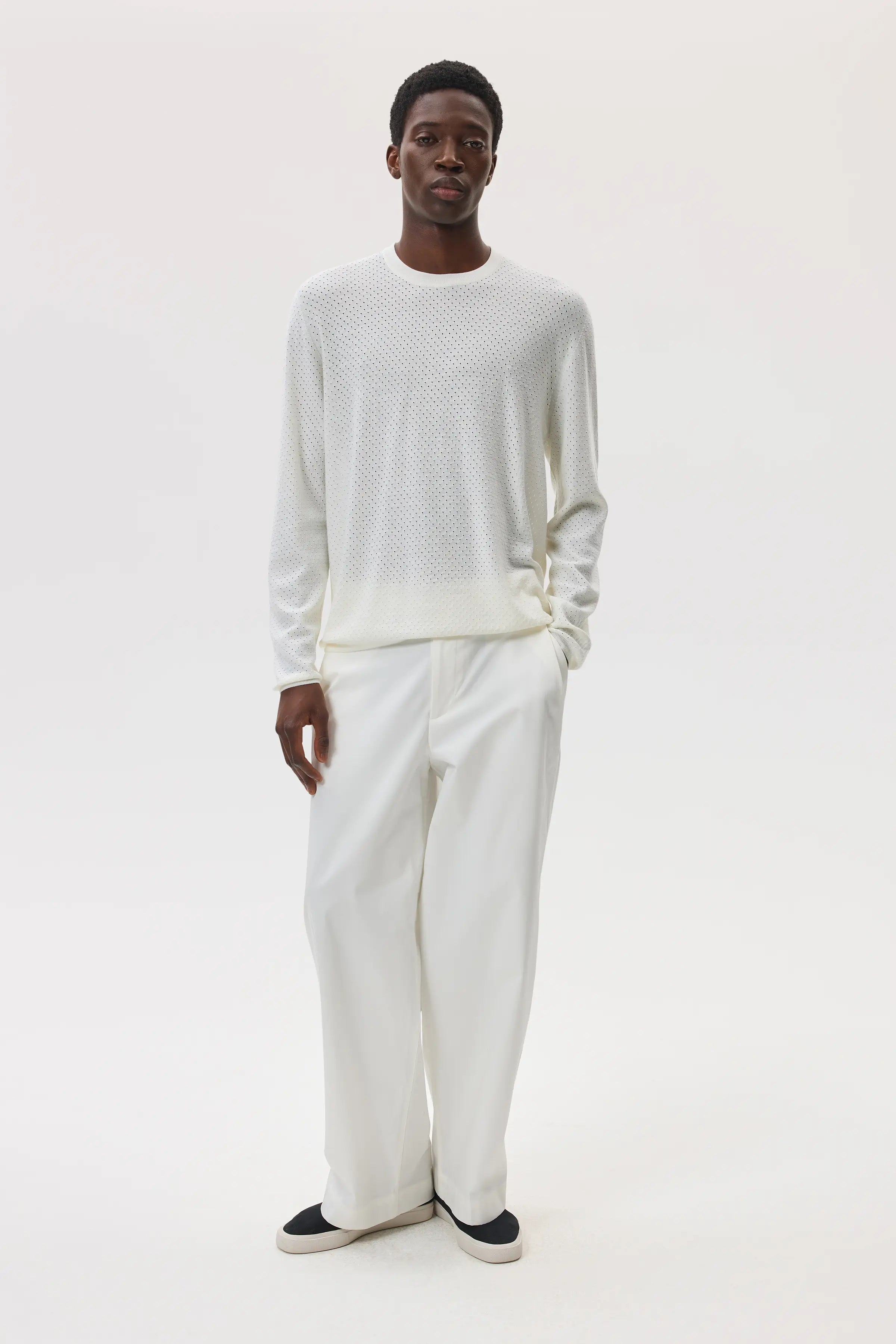 Superfine Merino Mesh White Crew Neck