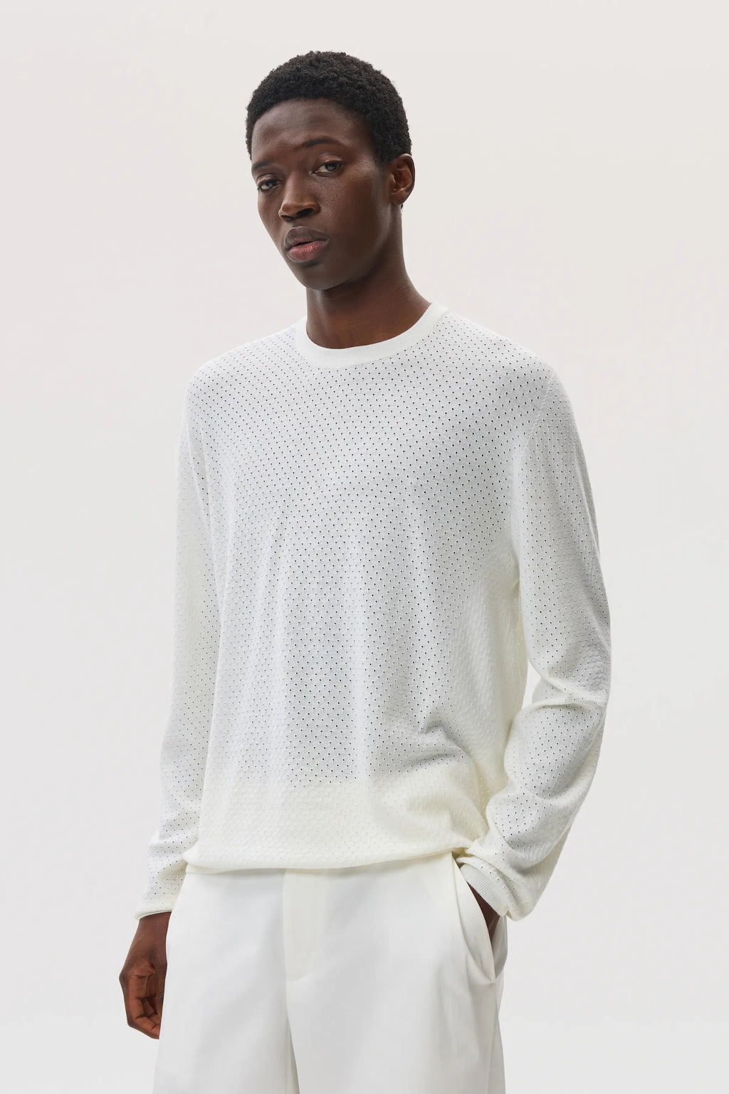 Superfine Merino Mesh White Crew Neck