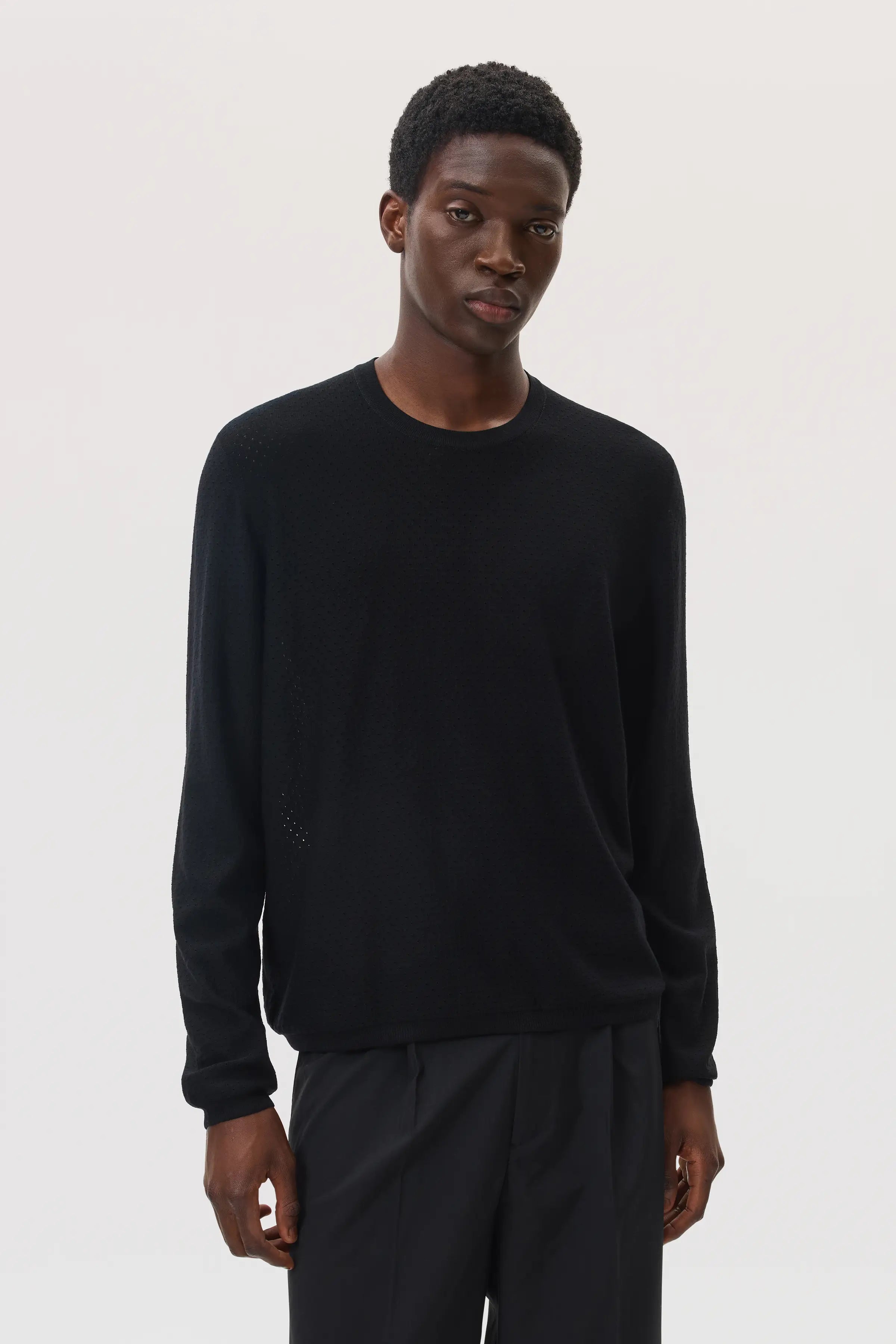 Superfine Merino Mesh Black Crew Neck