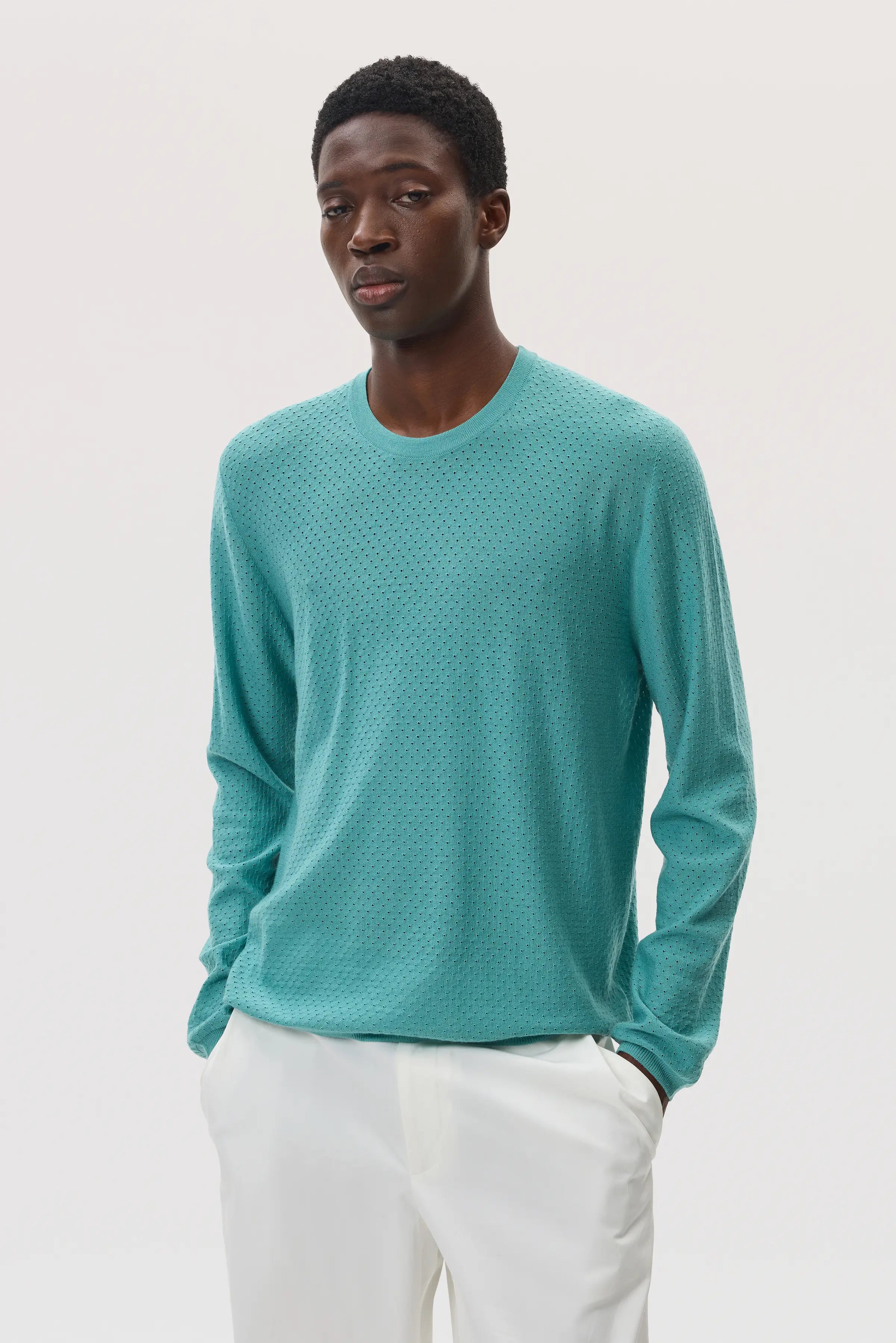 Superfine Merino Mesh Green Crew Neck Jumper