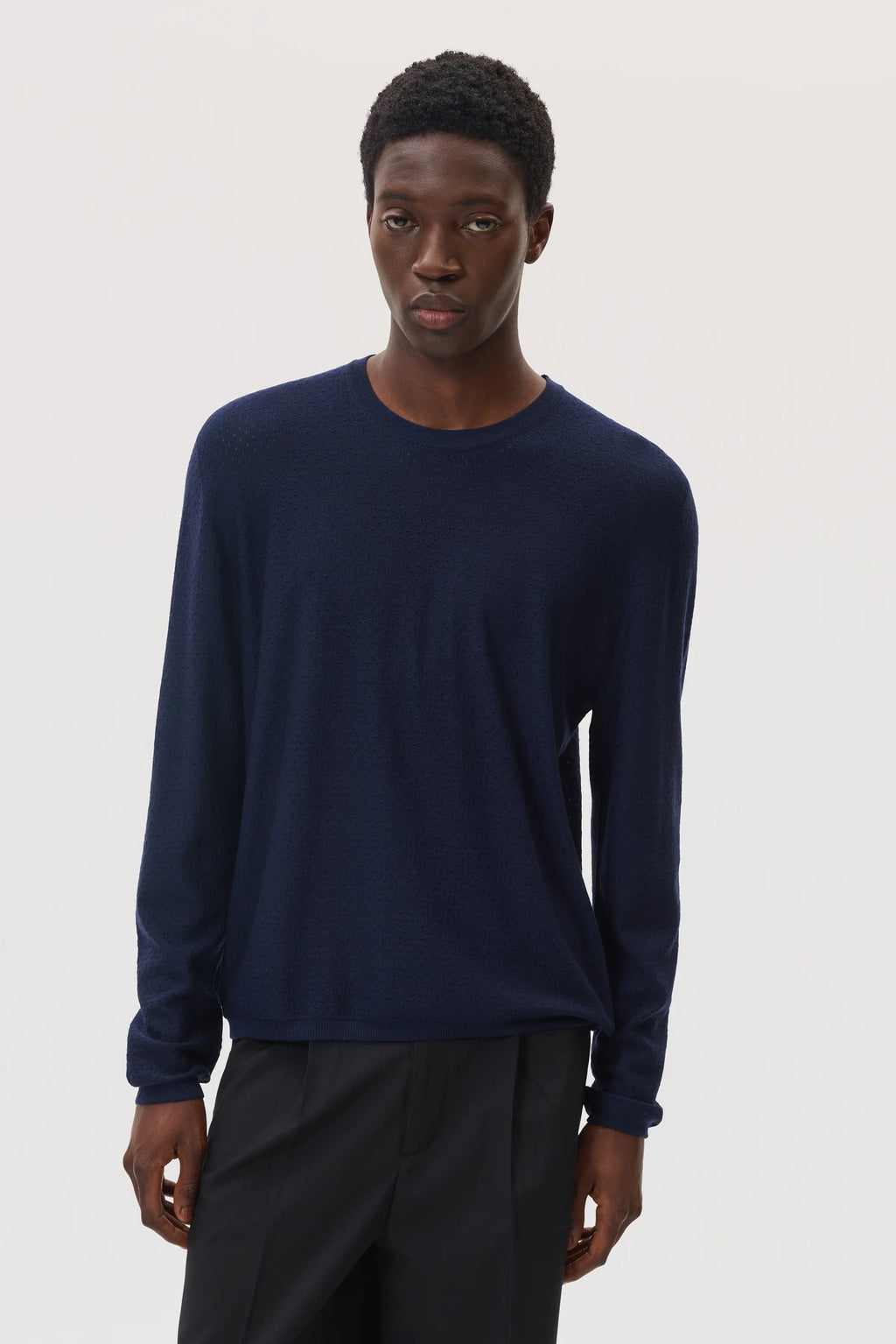 Superfine Merino Mesh Dark Navy Crew Neck