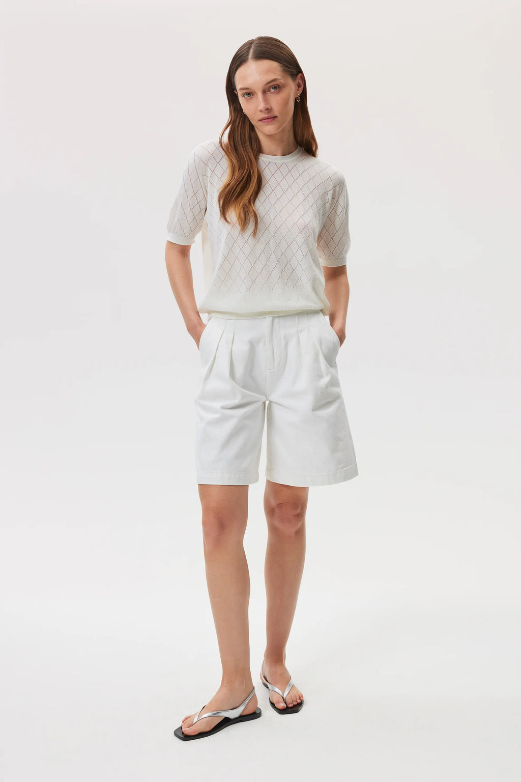 Superfine Merino Pointelle Argyle White T-Shirt