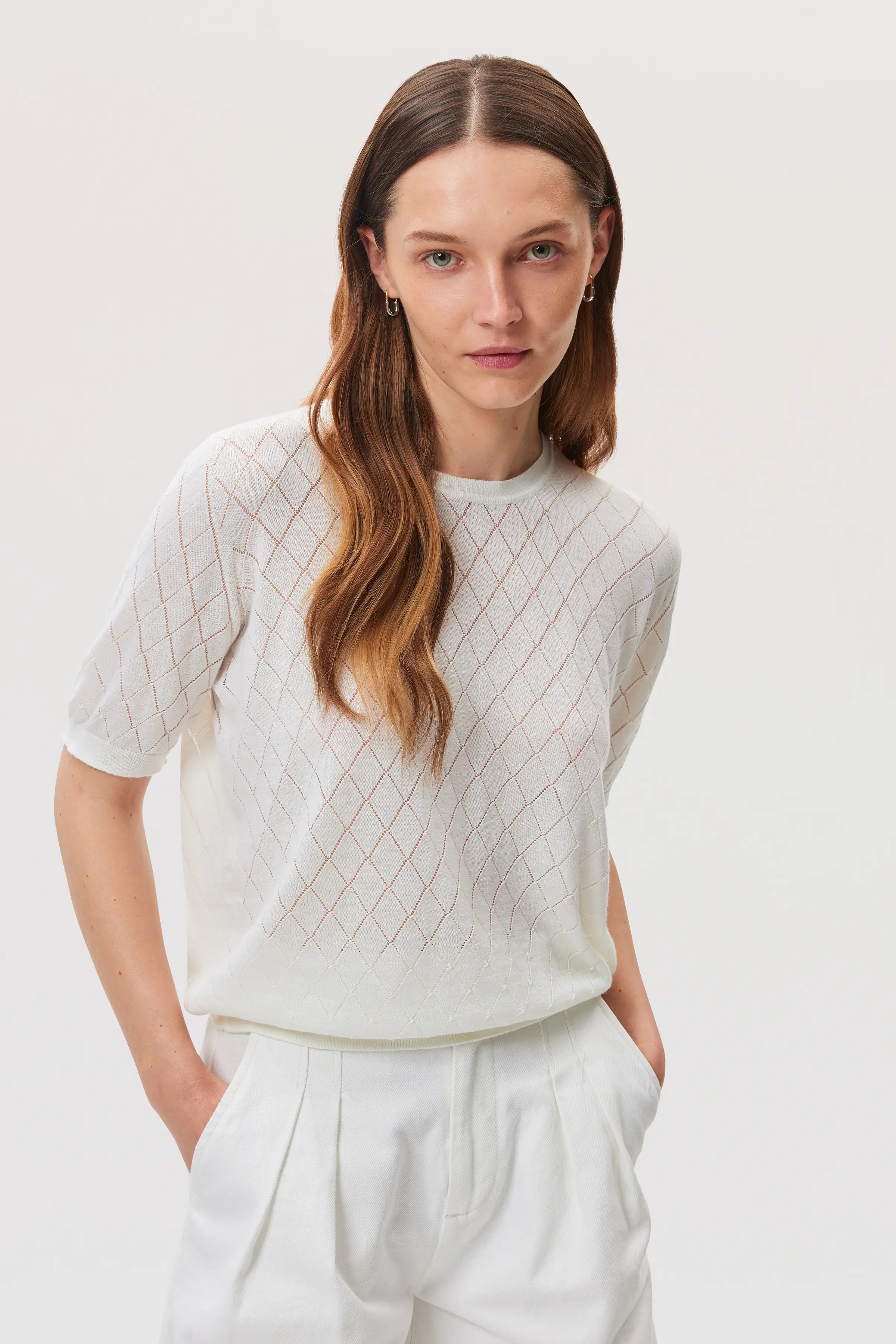 Superfine Merino Pointelle Argyle White T-Shirt
