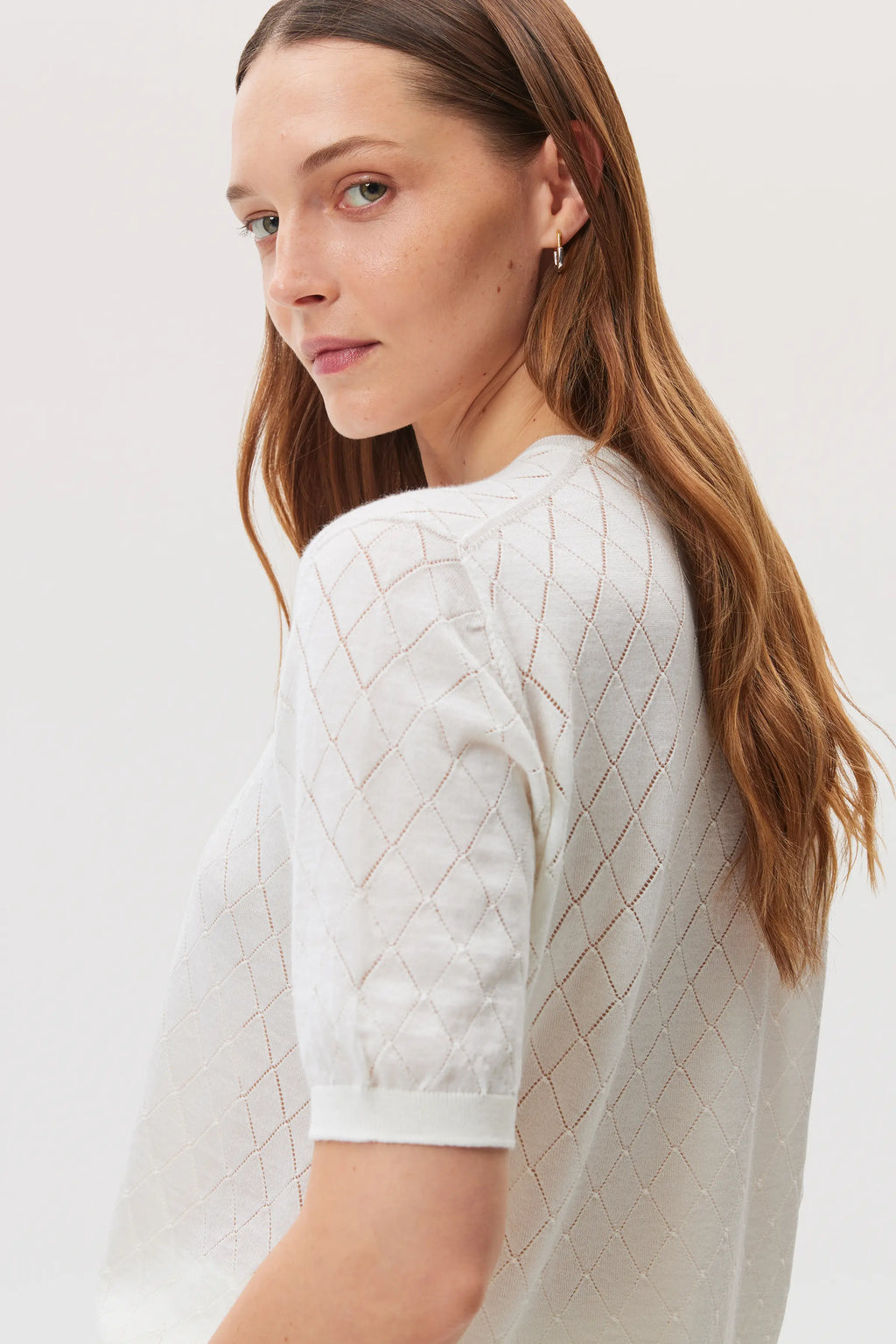 Superfine Merino Pointelle Argyle White T-Shirt