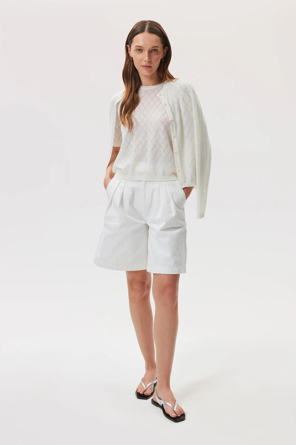 Superfine Merino Pointelle Argyle White T-Shirt