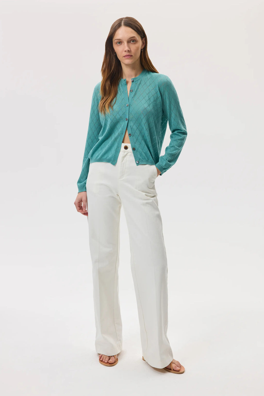 Superfine Merino Pointelle Argyle Green Cardigan