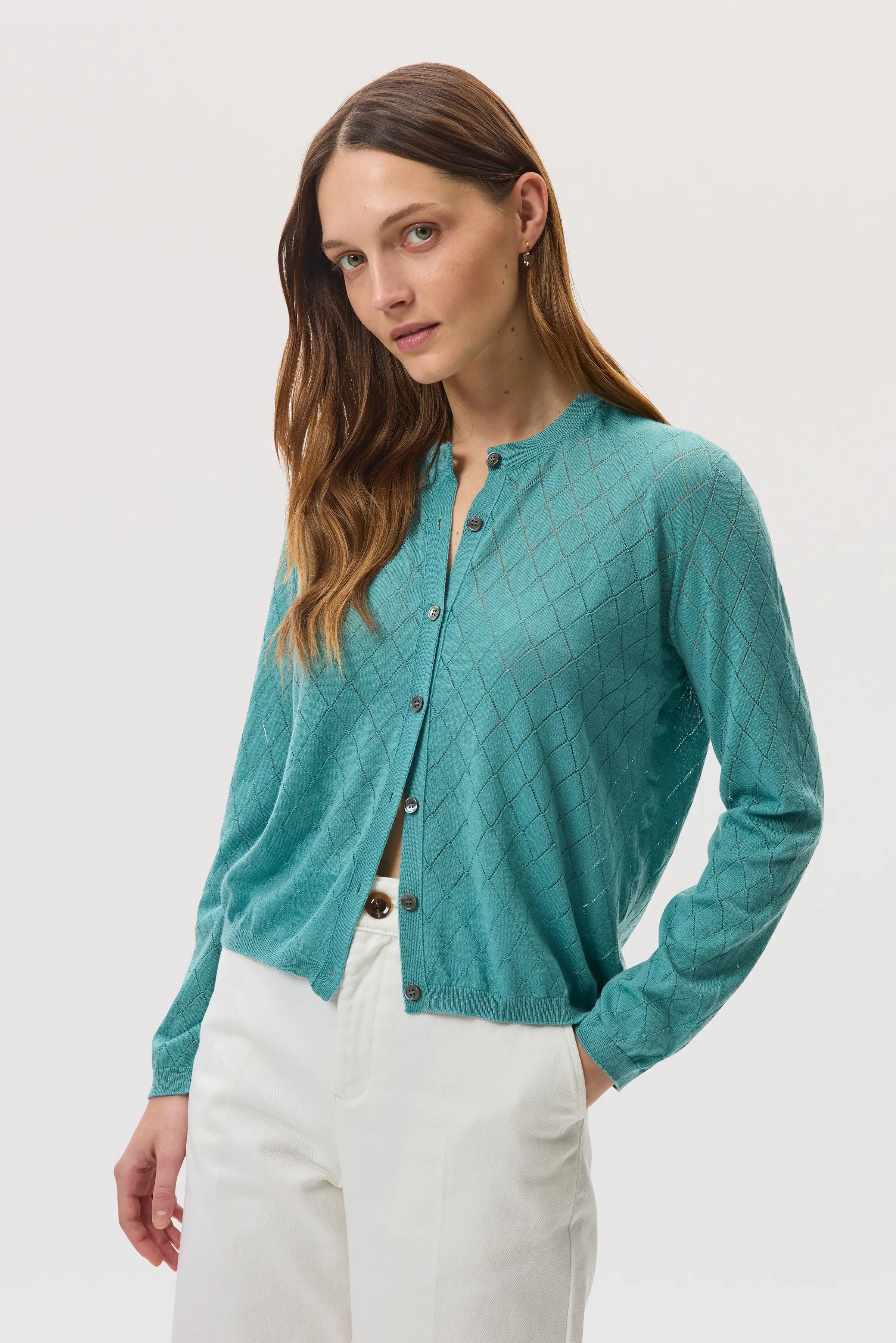 Superfine Merino Pointelle Argyle Green Cardigan
