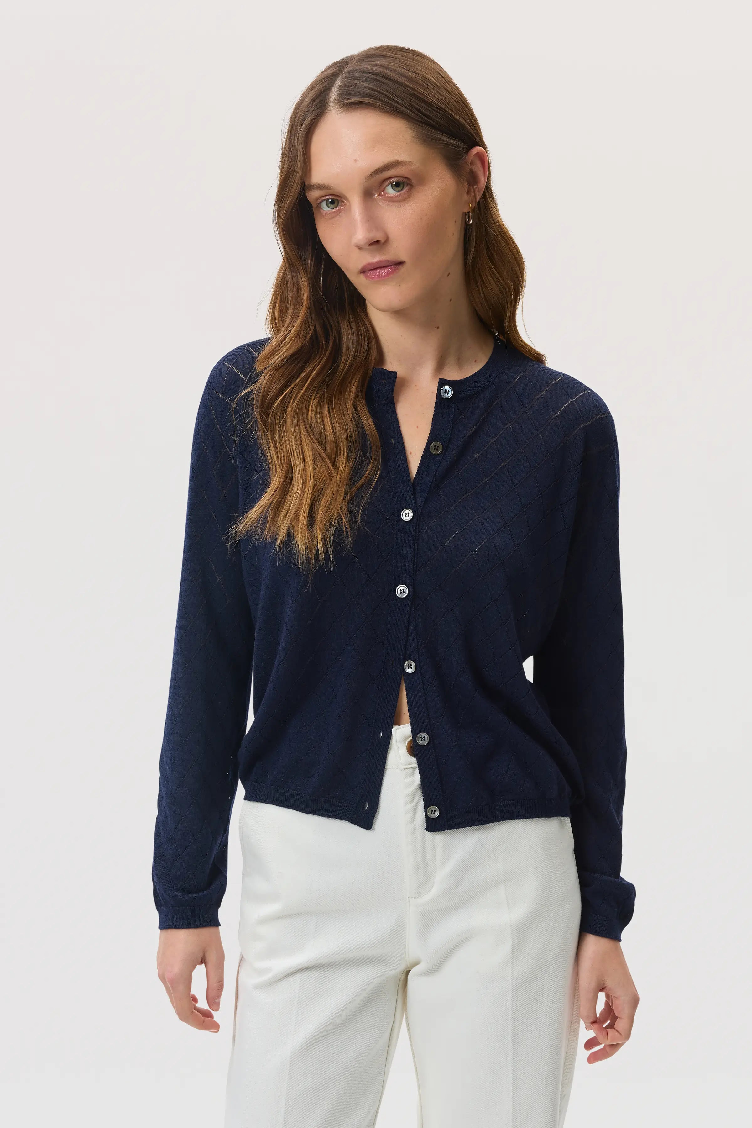 Superfine Merino Dark Navy Pointelle Argyle Cardigan