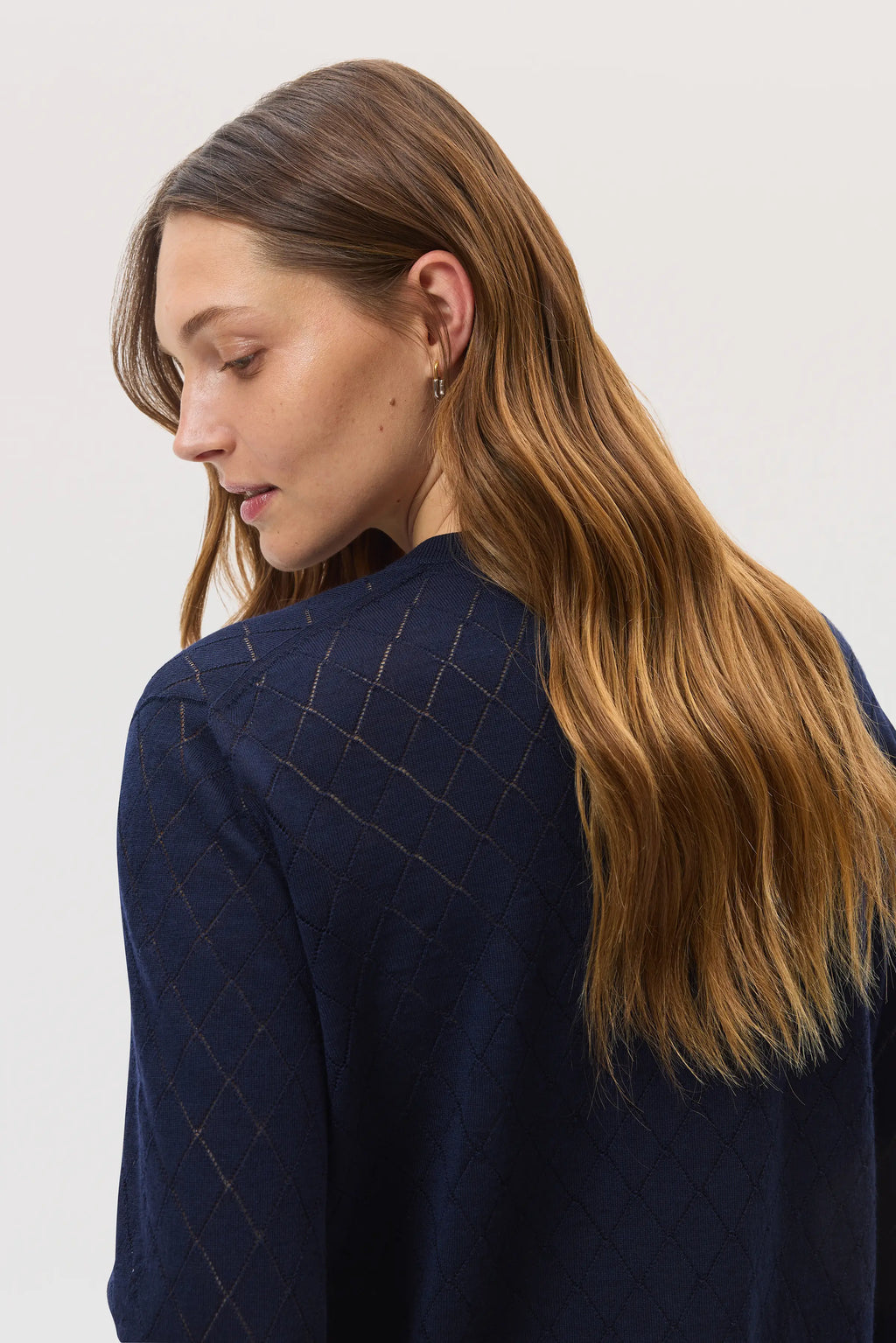 Superfine Merino Dark Navy Pointelle Argyle Cardigan