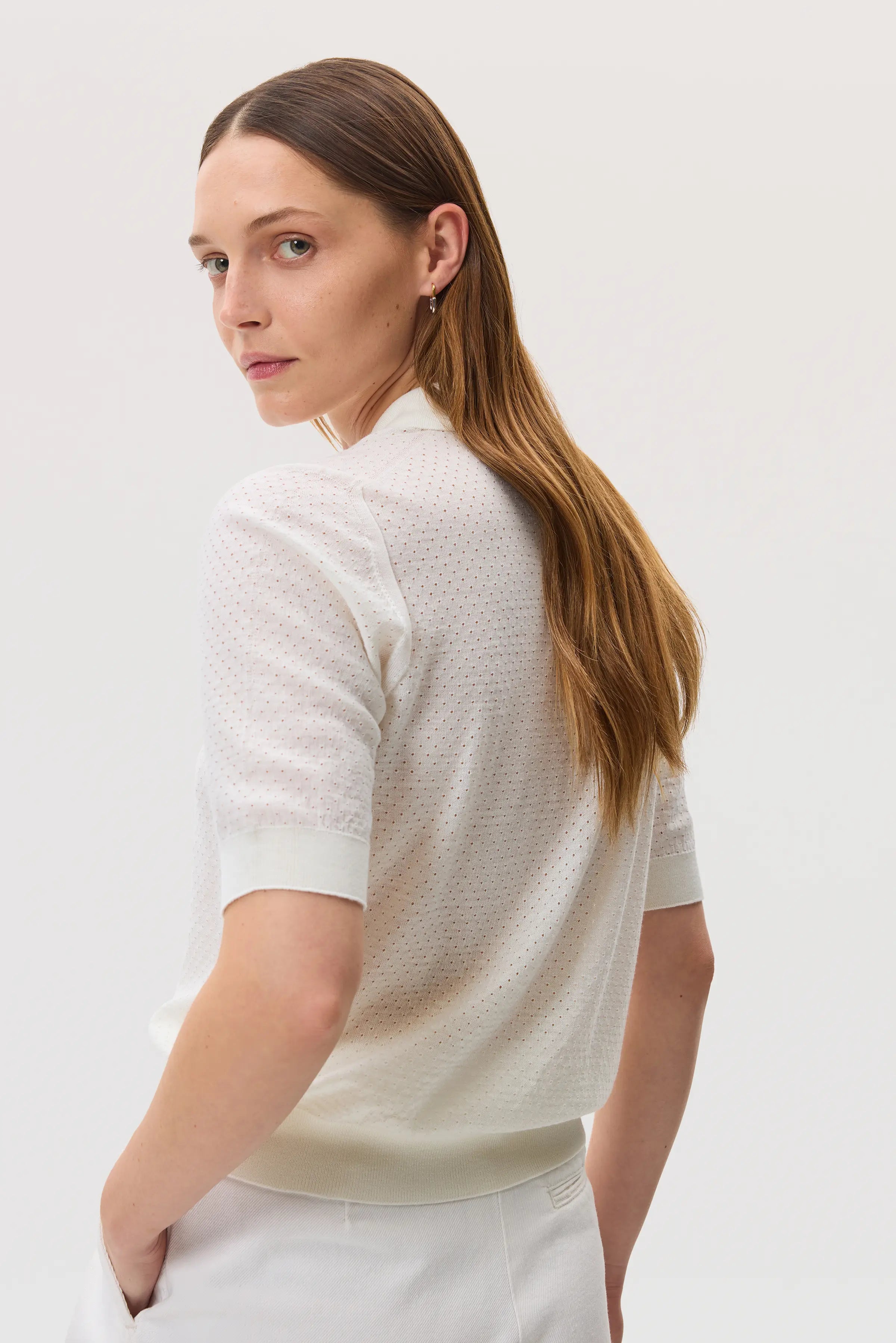 Superfine Merino Pointelle Argyle White Polo Shirt