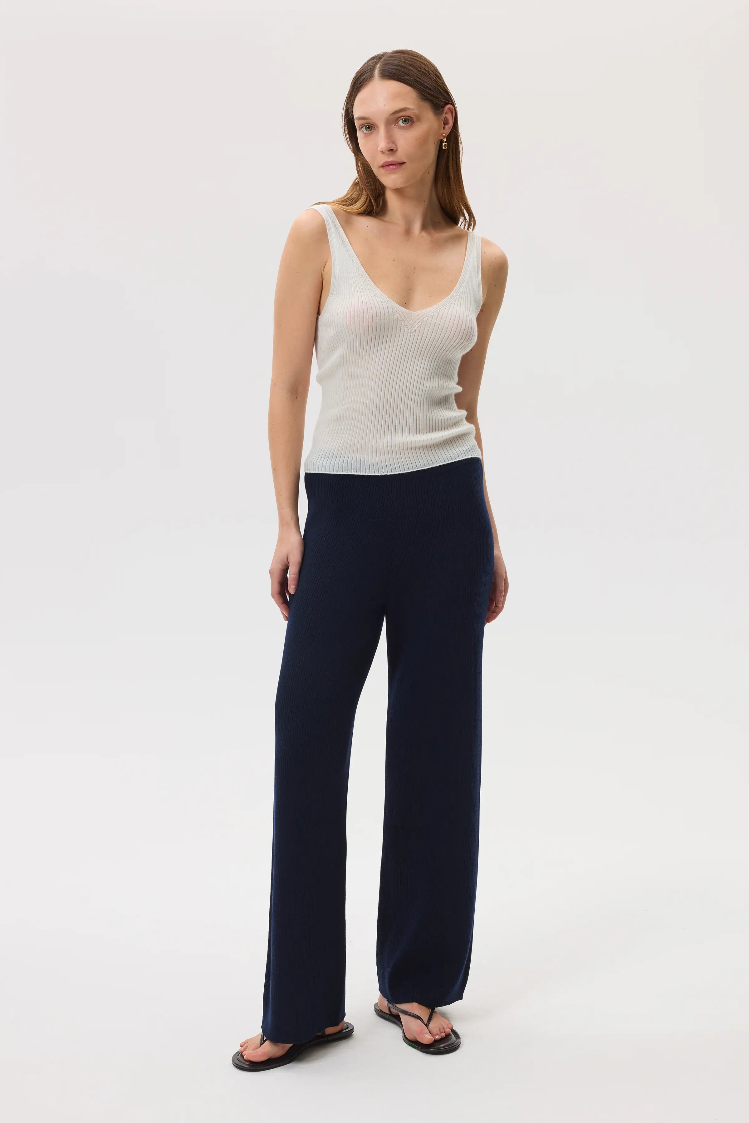 Ribbed Merino Dark Navy Wide Leg Trousers