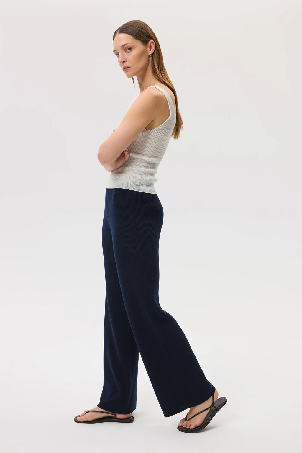 Ribbed Merino Dark Navy Wide Leg Trousers