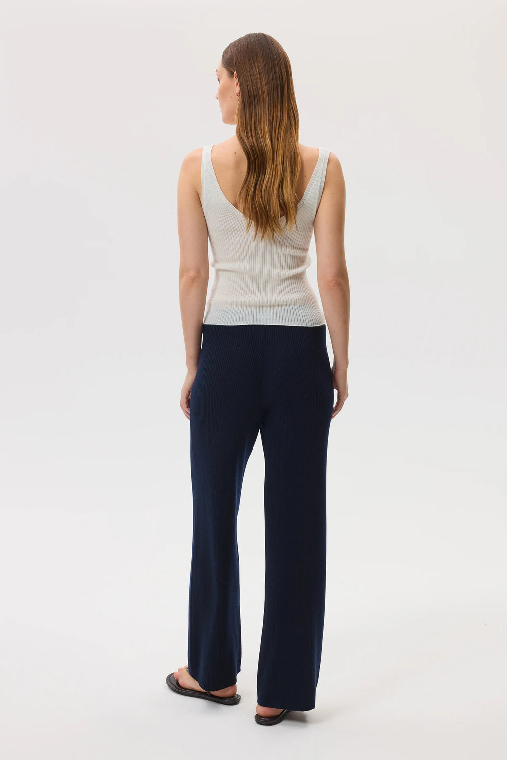 Ribbed Merino Dark Navy Wide Leg Trousers