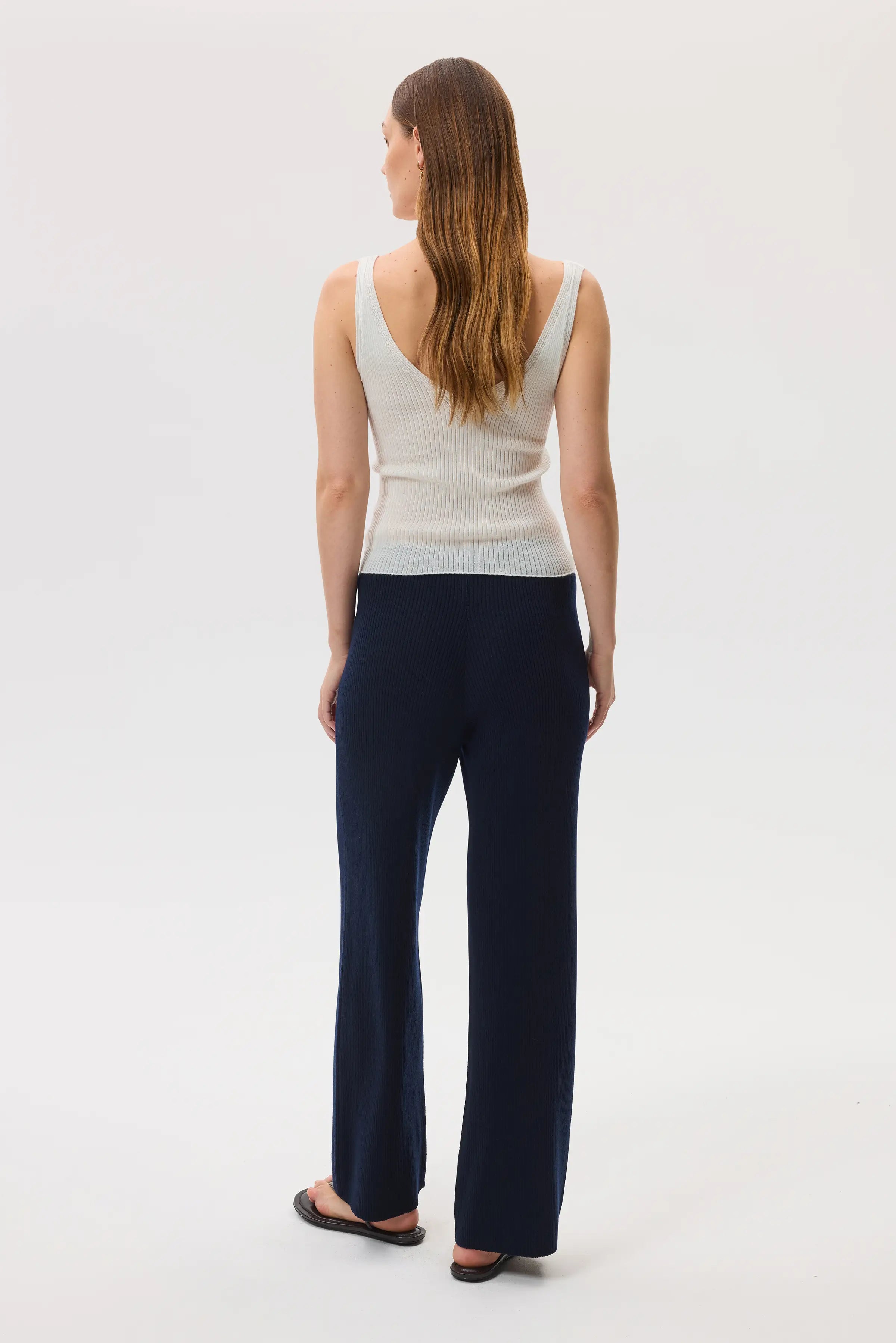 Ribbed Merino Dark Navy Wide Leg Trousers