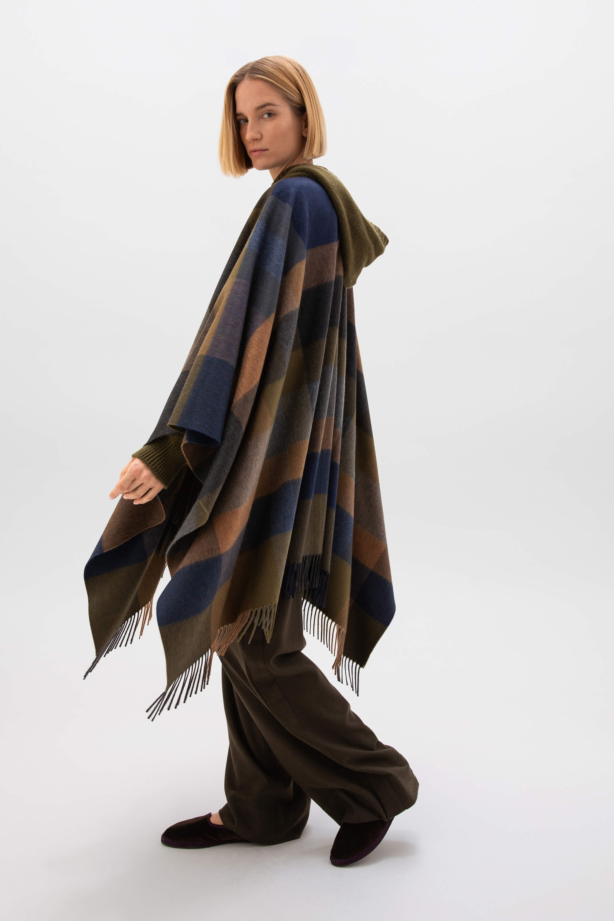 Olive Green Check Cashmere Cape