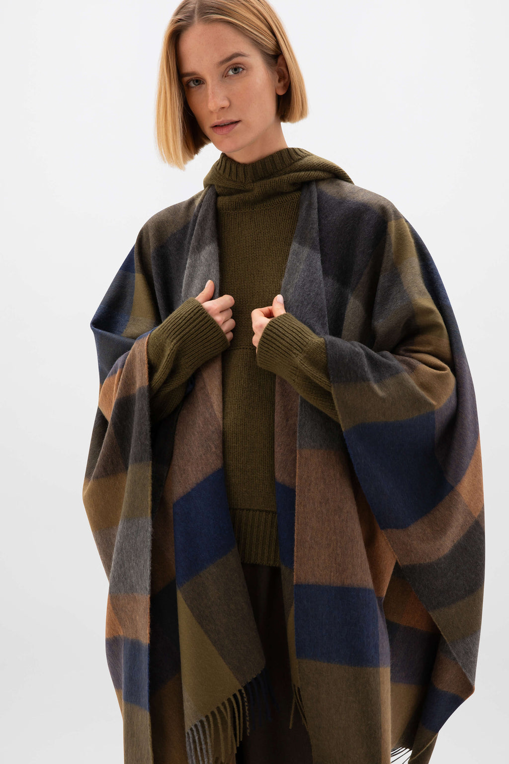 Olive Green Check Cashmere Cape
