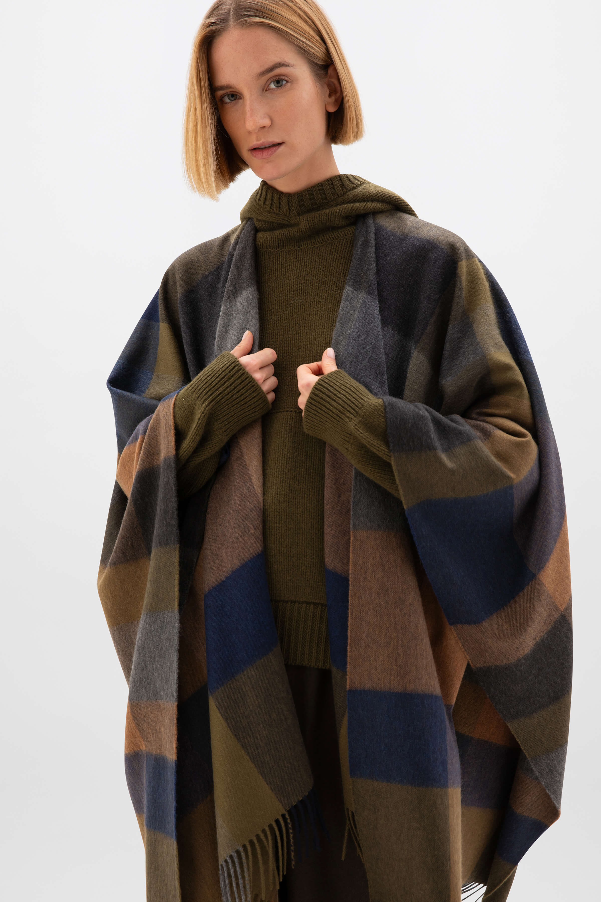 Olive Green Check Cashmere Cape