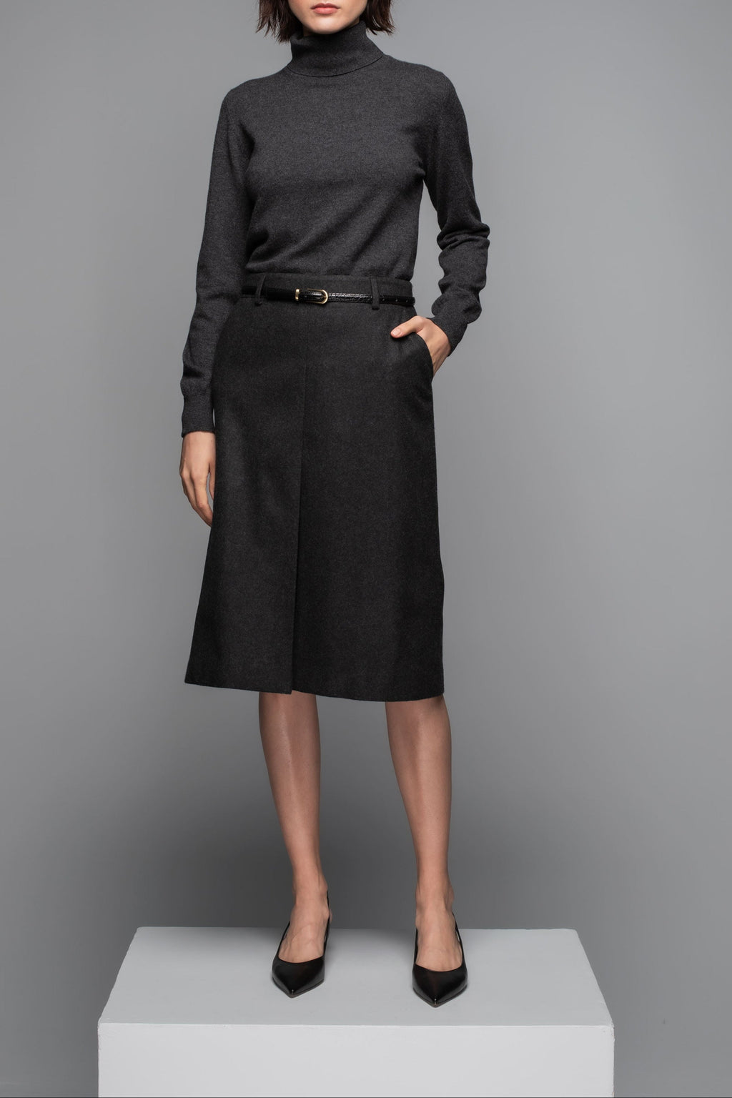 Merino & Cashmere Mid Grey Box Pleat Skirt