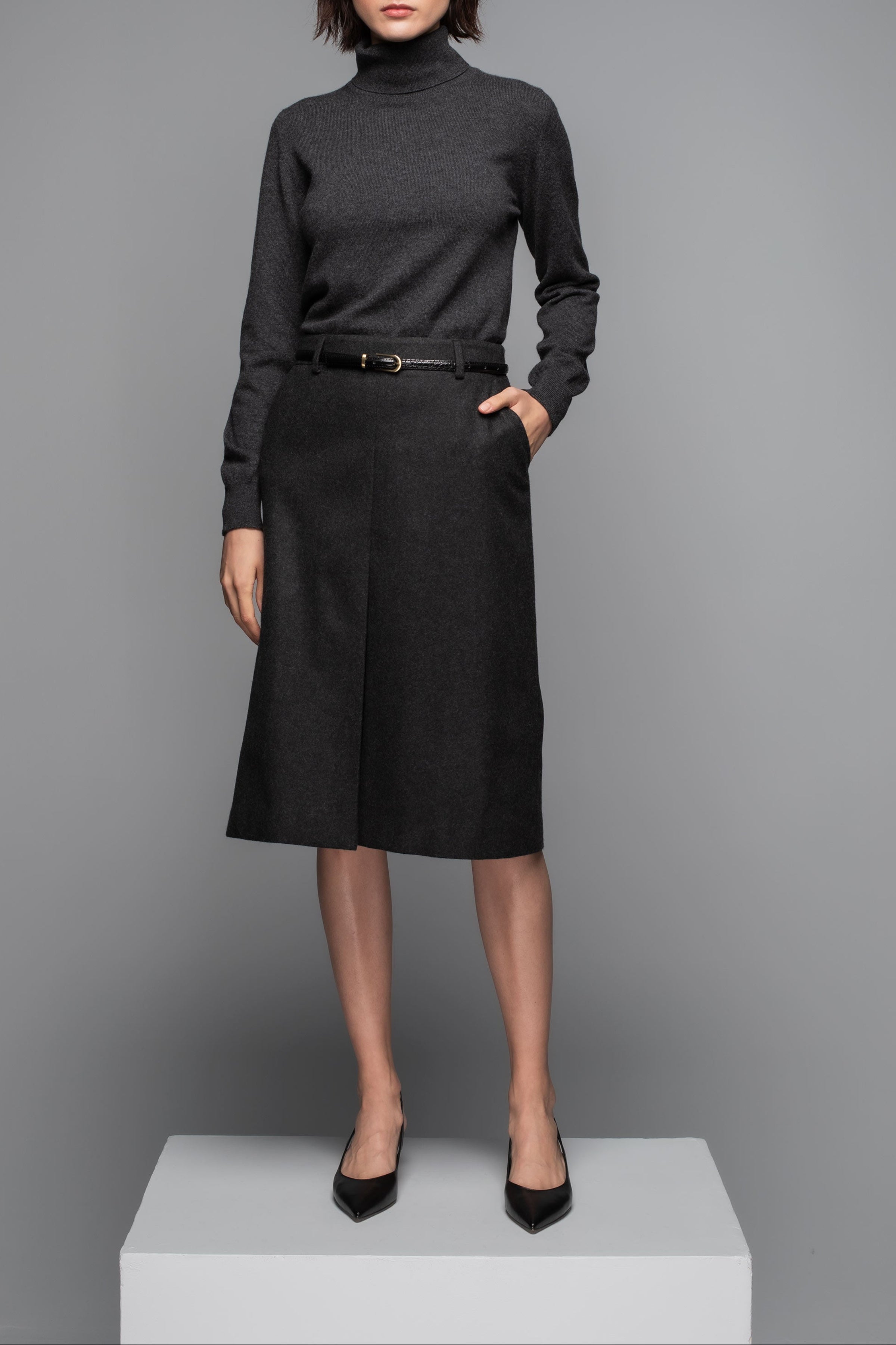 Merino & Cashmere Mid Grey Box Pleat Skirt