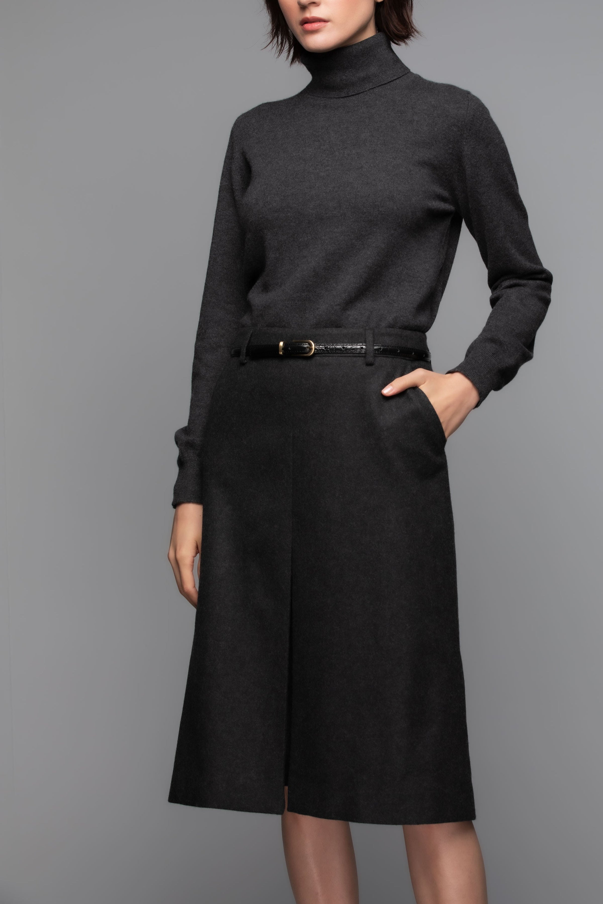 Merino & Cashmere Mid Grey Box Pleat Skirt