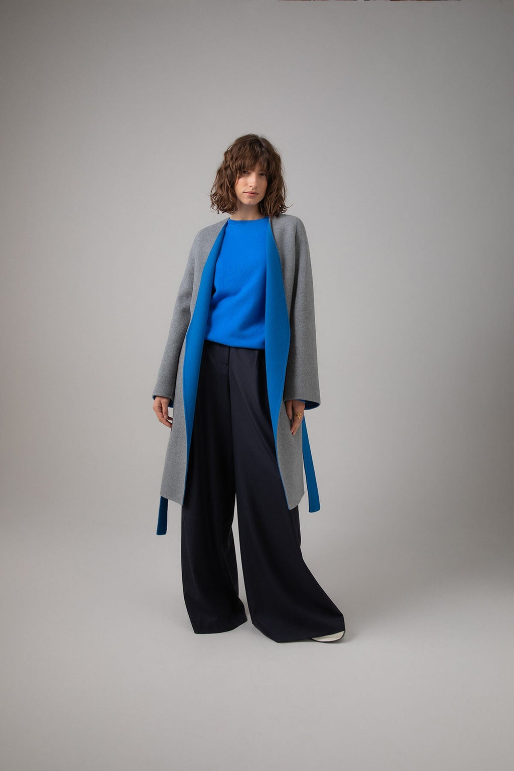 Collarless Grey & Blue Cape Coat