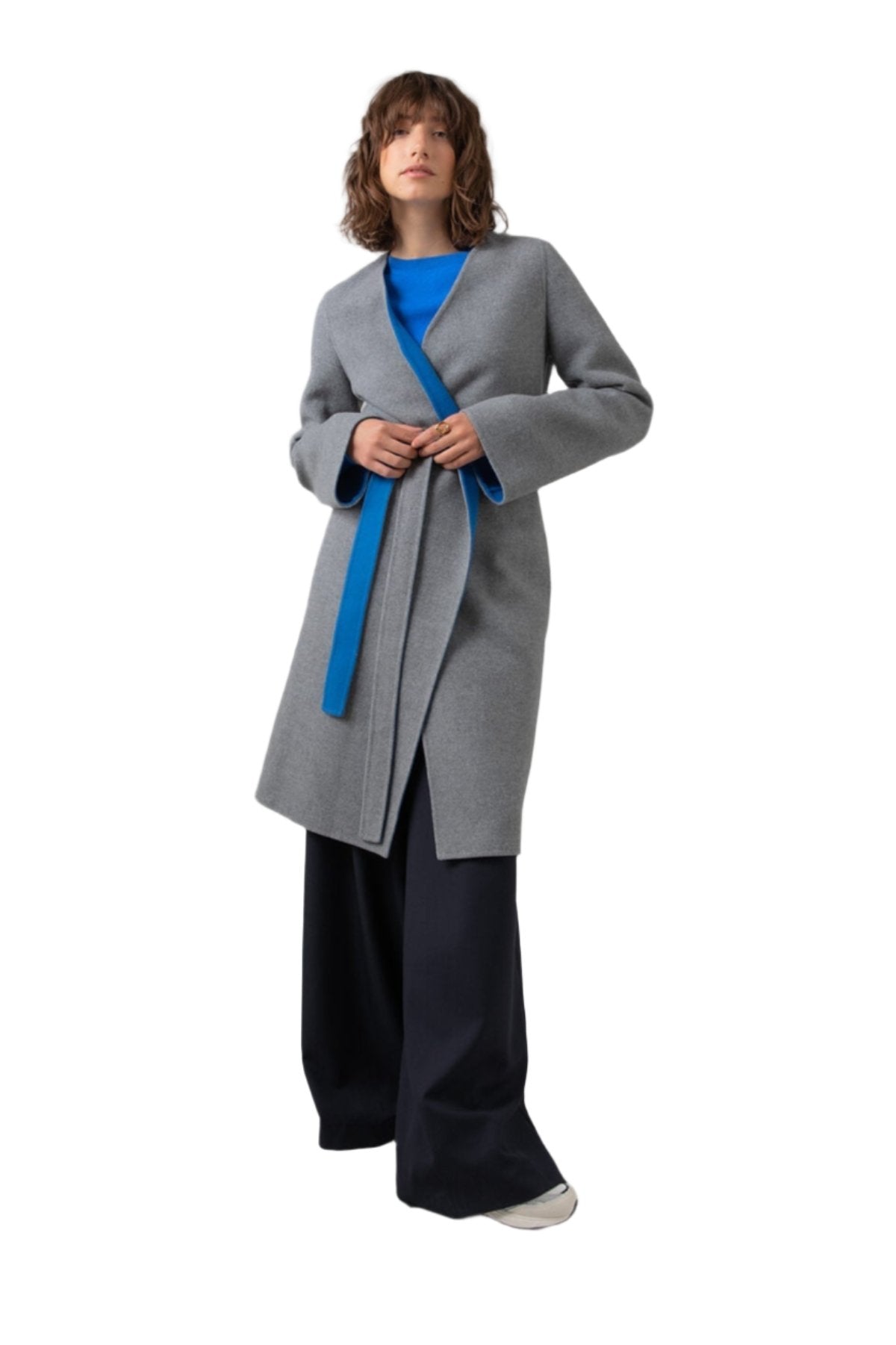 Collarless Grey & Blue Cape Coat