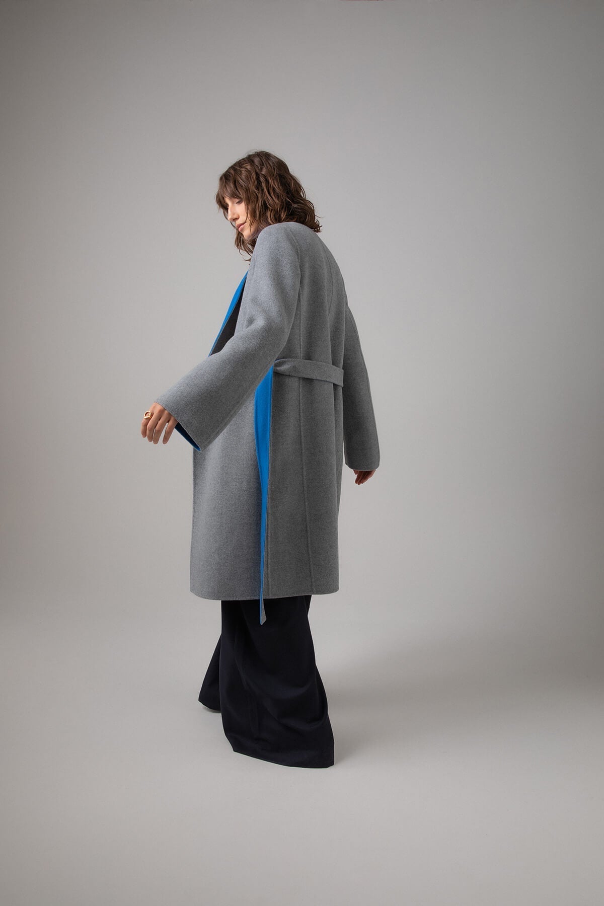 Collarless Grey & Blue Cape Coat