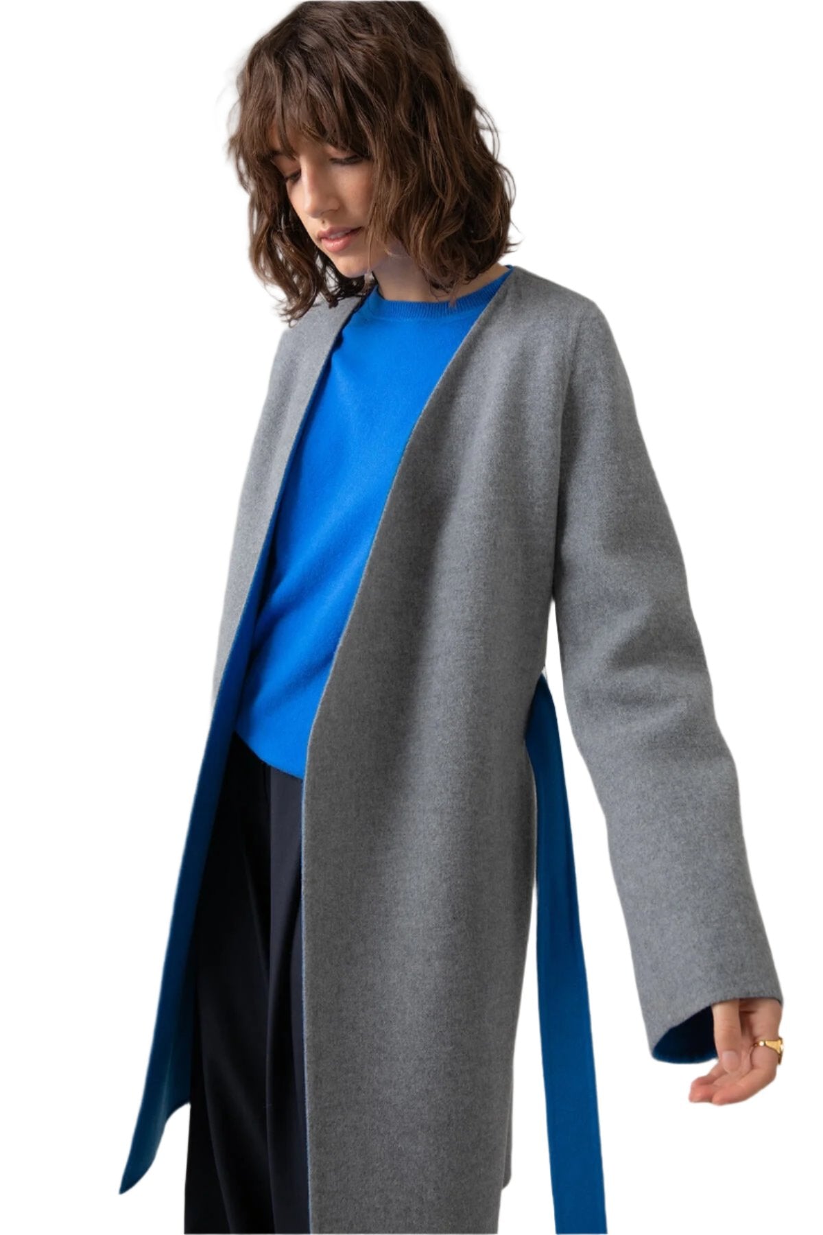 Collarless Grey & Blue Cape Coat