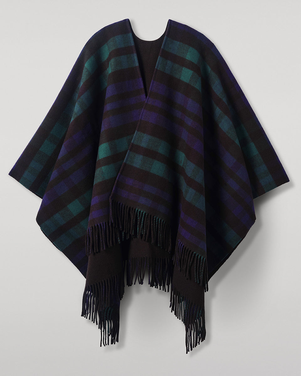 Reversible Light Black Watch Wool Check Cape
