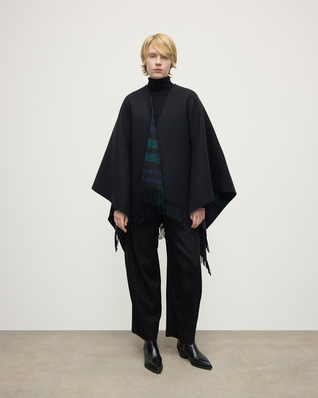 Reversible Light Black Watch Wool Check Cape