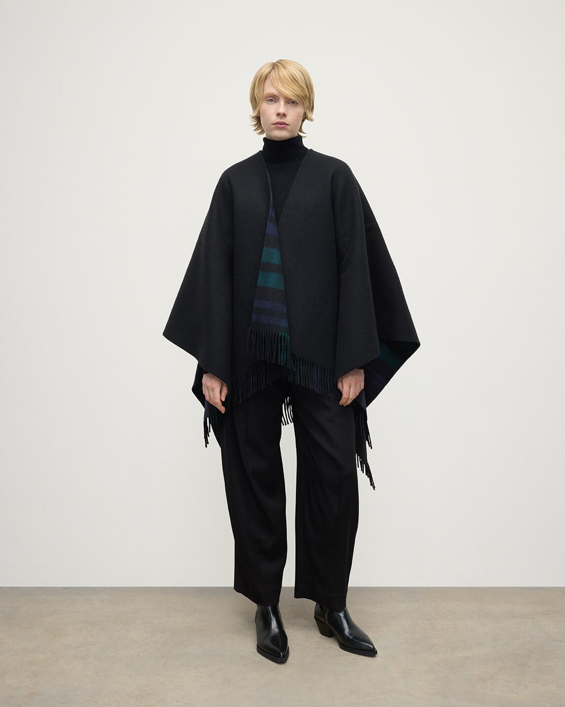 Reversible Light Black Watch Wool Check Cape