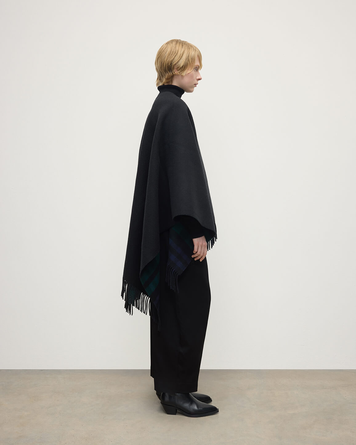 Reversible Light Black Watch Wool Check Cape