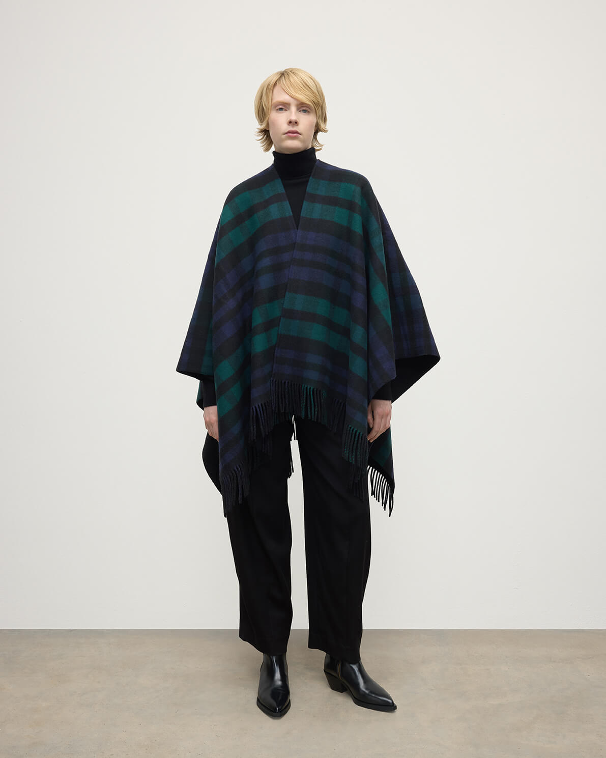 Reversible Light Black Watch Wool Check Cape