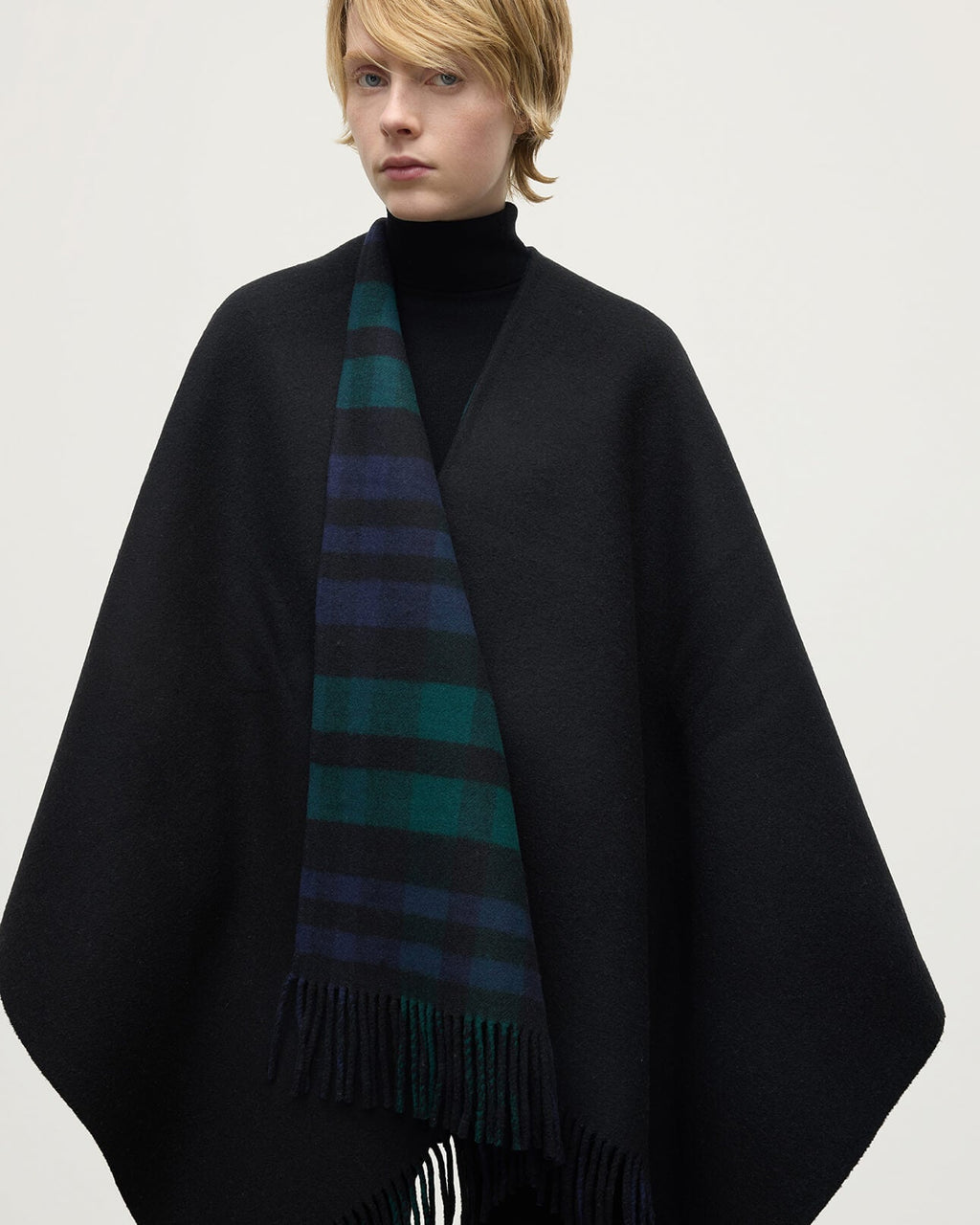 Reversible Light Black Watch Wool Check Cape
