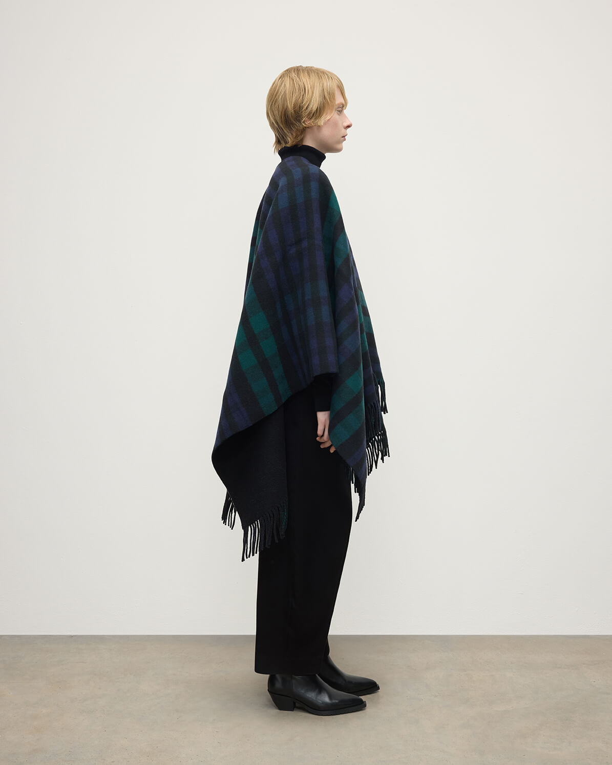 Reversible Light Black Watch Wool Check Cape