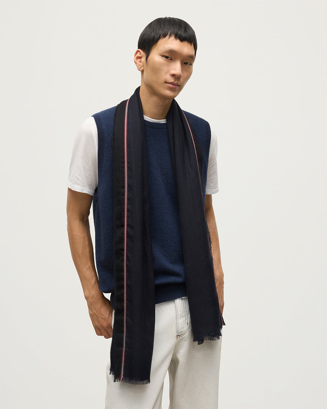 Ives Chevron Border Navy Cashmere Scarf